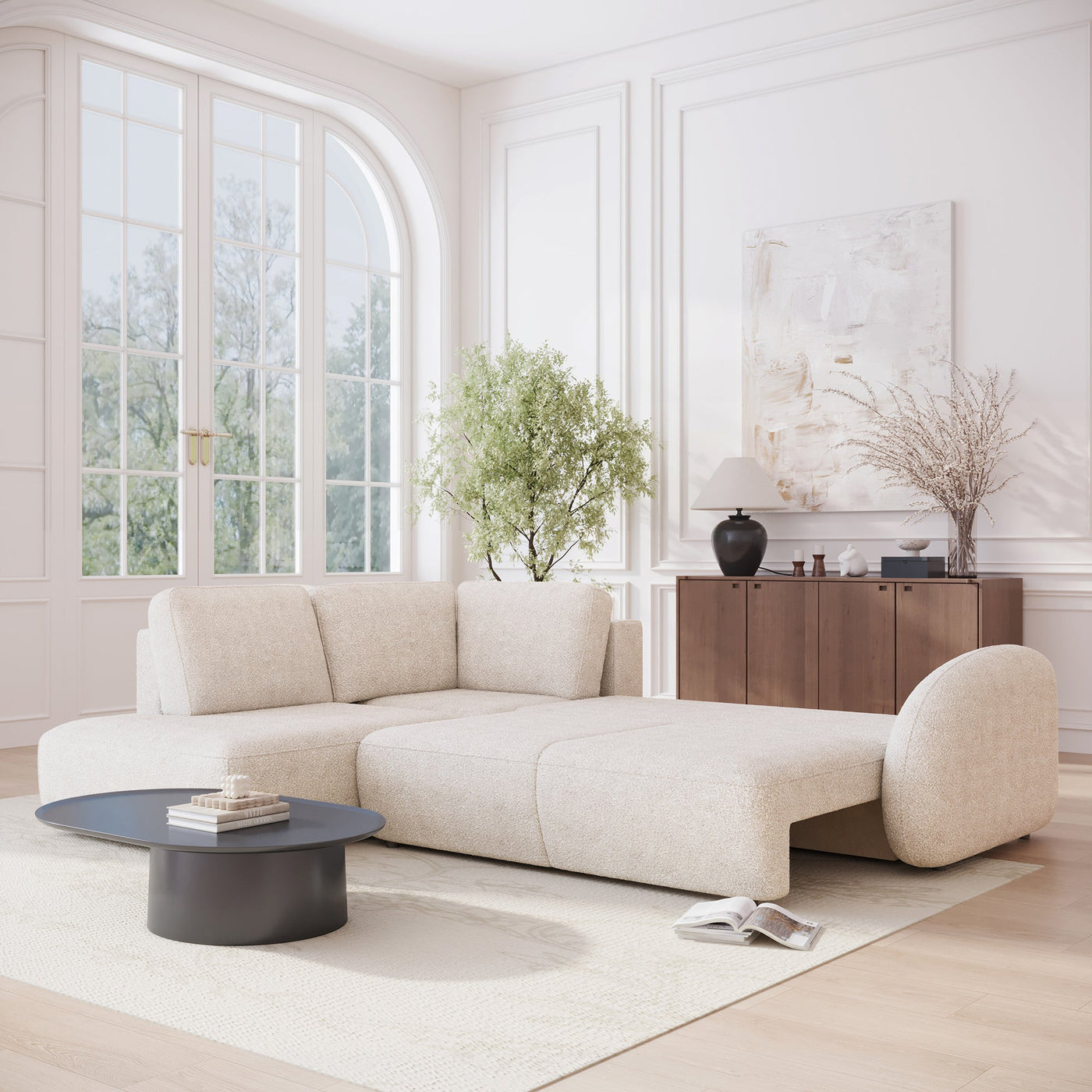 DJENA Canapé d'angle convertible avec coffre en tissu bouclette beige - Angle gauche - Canapé d'angle convertible