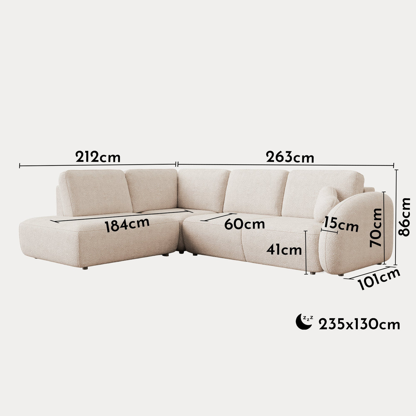 DJENA Canapé d'angle convertible avec coffre en tissu bouclette beige - Angle gauche - Canapé d'angle convertible