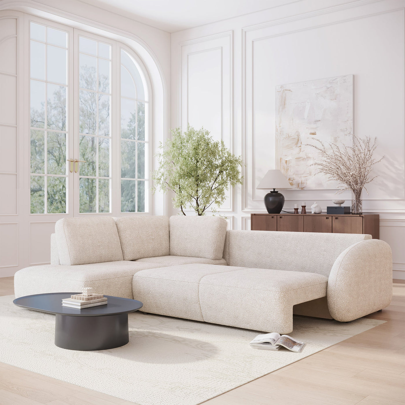 DJENA Canapé d'angle convertible avec coffre en tissu bouclette beige - Angle gauche - Canapé d'angle convertible