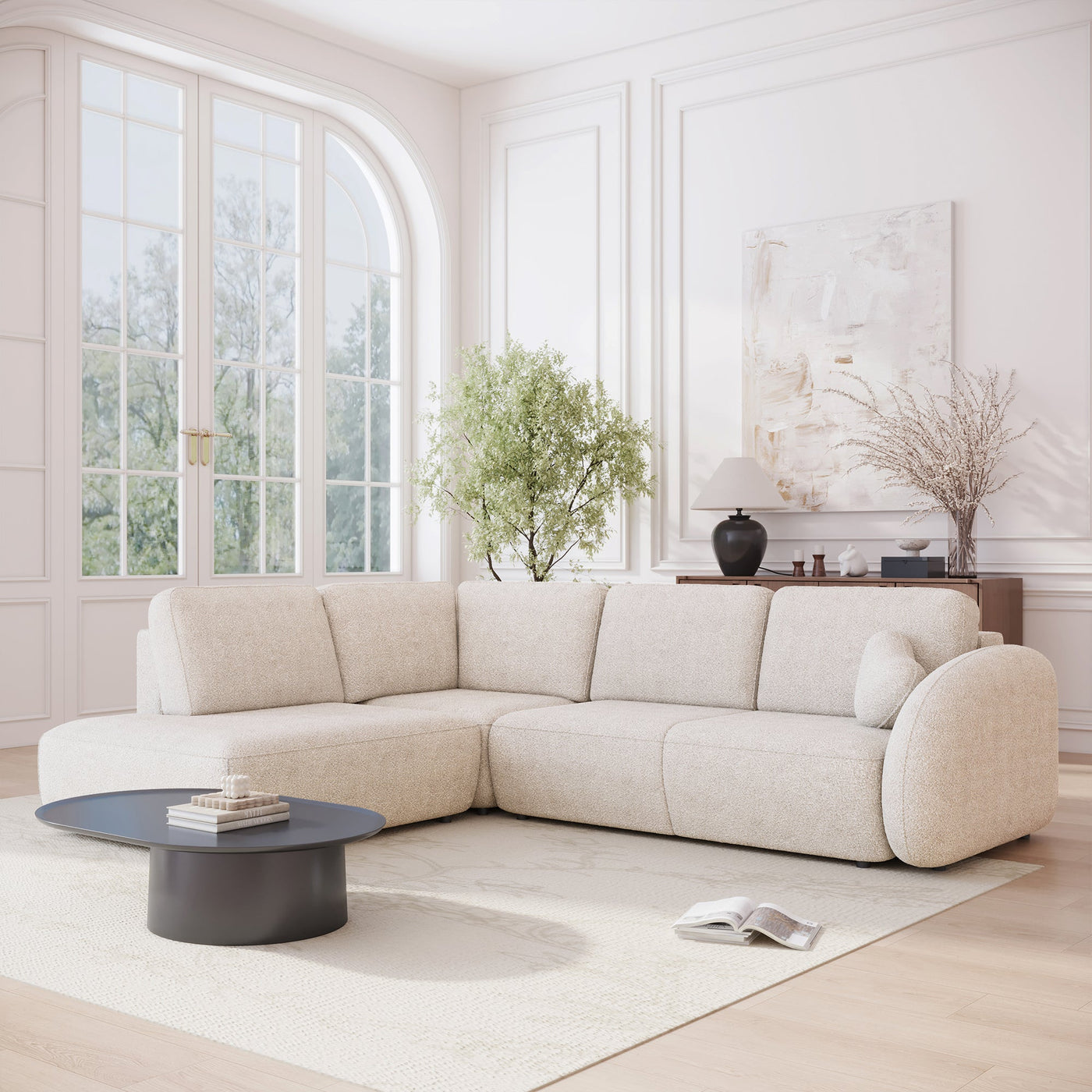 DJENA Canapé d'angle convertible avec coffre en tissu bouclette beige - Angle gauche - Canapé d'angle convertible