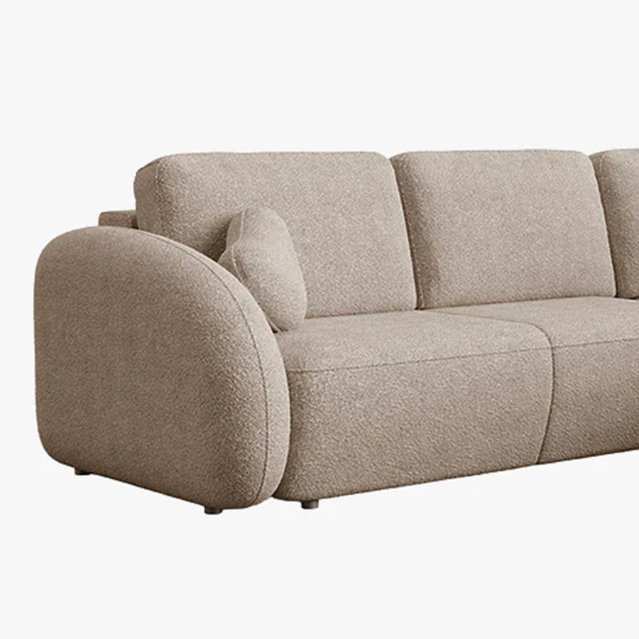 DJENA Canapé d'angle convertible avec coffre en tissu bouclette taupe - Angle droit — aperçu vidéo