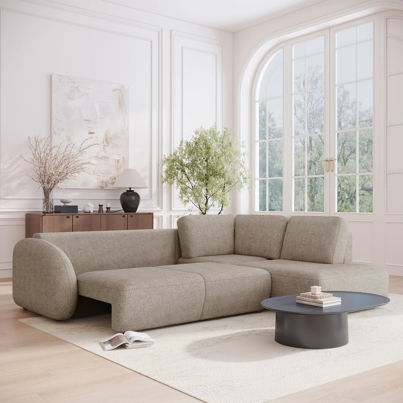 DJENA Canapé d'angle convertible avec coffre en tissu bouclette taupe - Angle droit - Canapé d'angle convertible - Mobilier Deco
