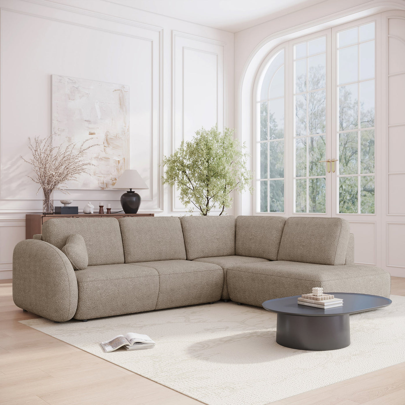 DJENA Canapé d'angle convertible avec coffre en tissu bouclette taupe - Angle droit - Canapé d'angle convertible - Mobilier Deco