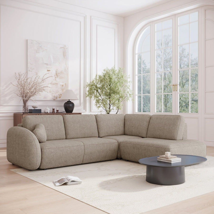 DJENA Canapé d'angle convertible avec coffre en tissu bouclette taupe - Angle droit — aperçu vidéo