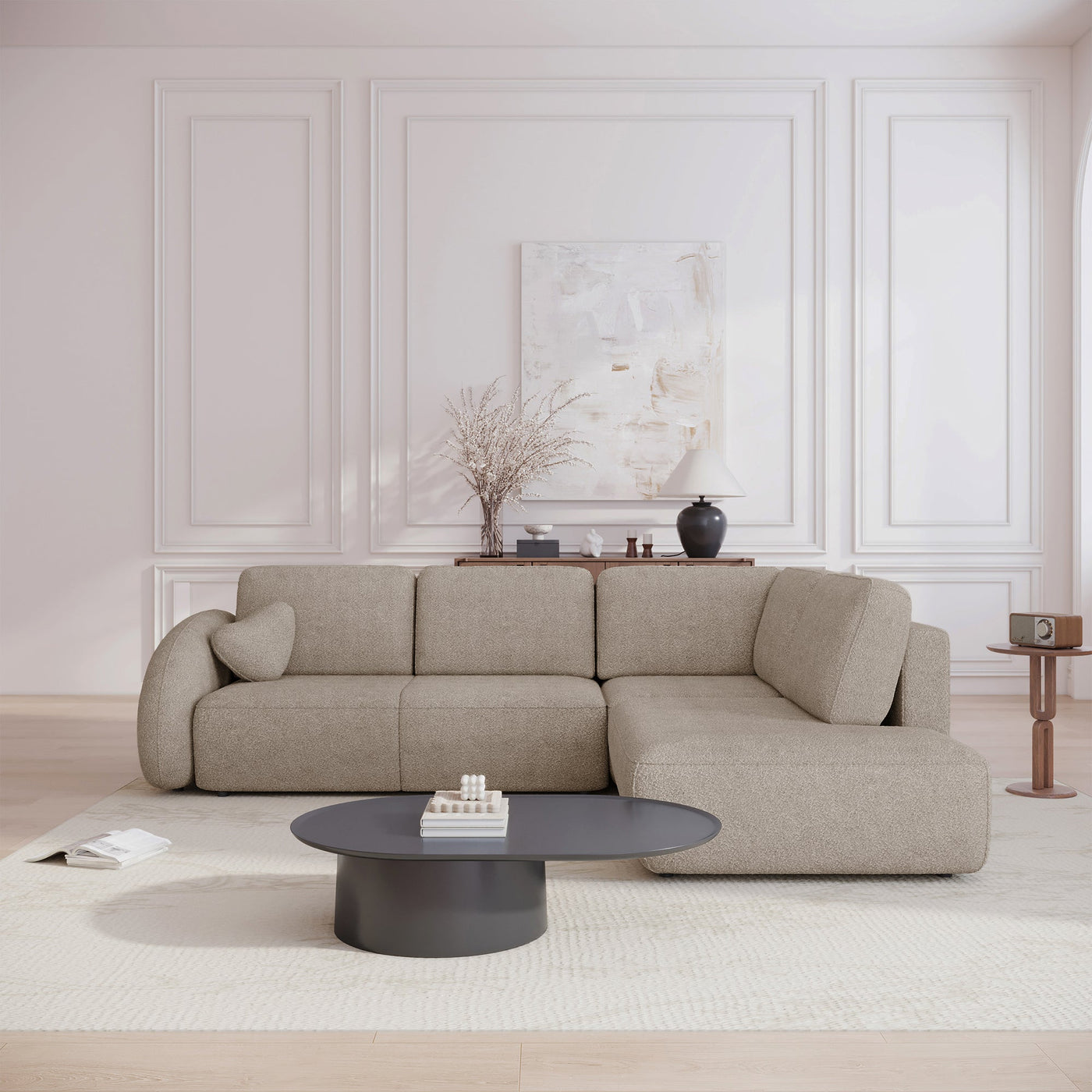 DJENA Canapé d'angle convertible avec coffre en tissu bouclette taupe - Angle droit - Canapé d'angle convertible - Mobilier Deco