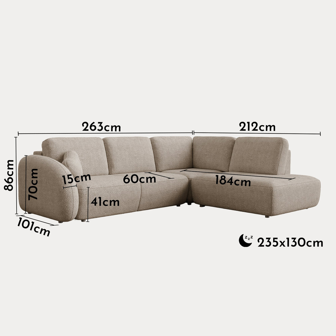 DJENA Canapé d'angle convertible avec coffre en tissu bouclette taupe - Angle droit - Canapé d'angle convertible - Mobilier Deco