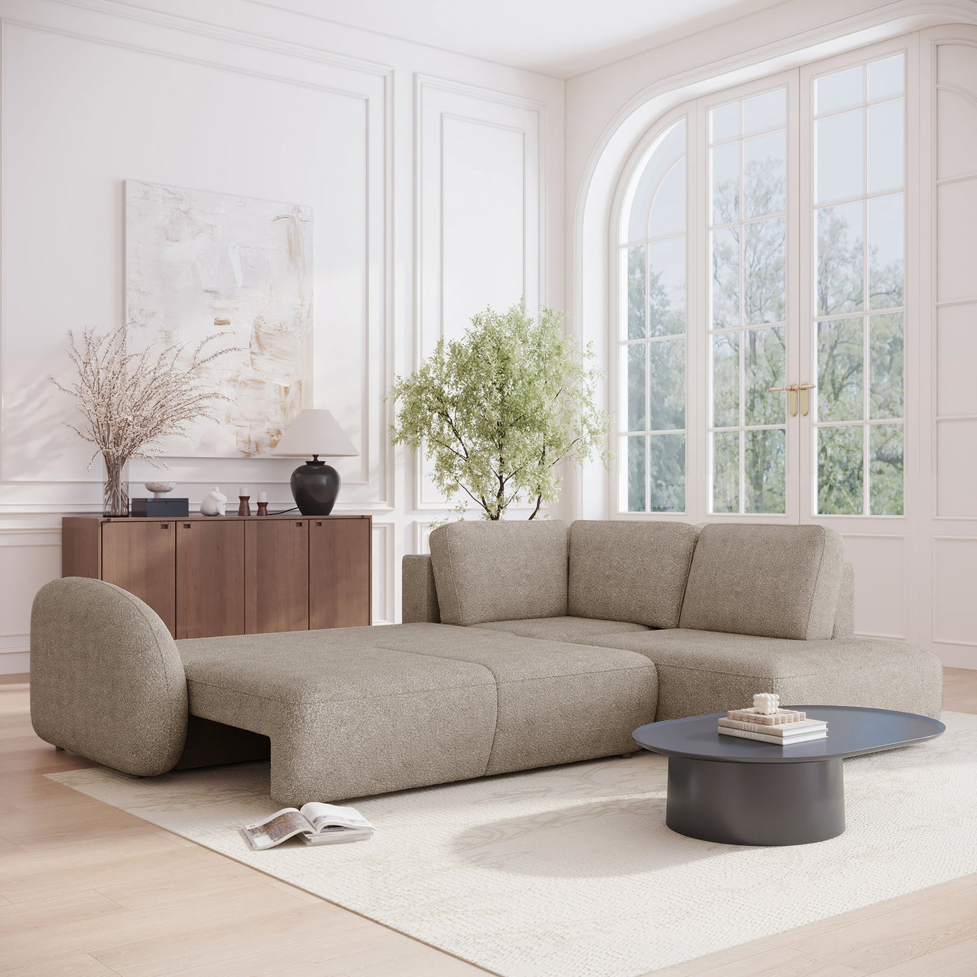 DJENA Canapé d'angle convertible avec coffre en tissu bouclette taupe - Angle droit - Canapé d'angle convertible - Mobilier Deco