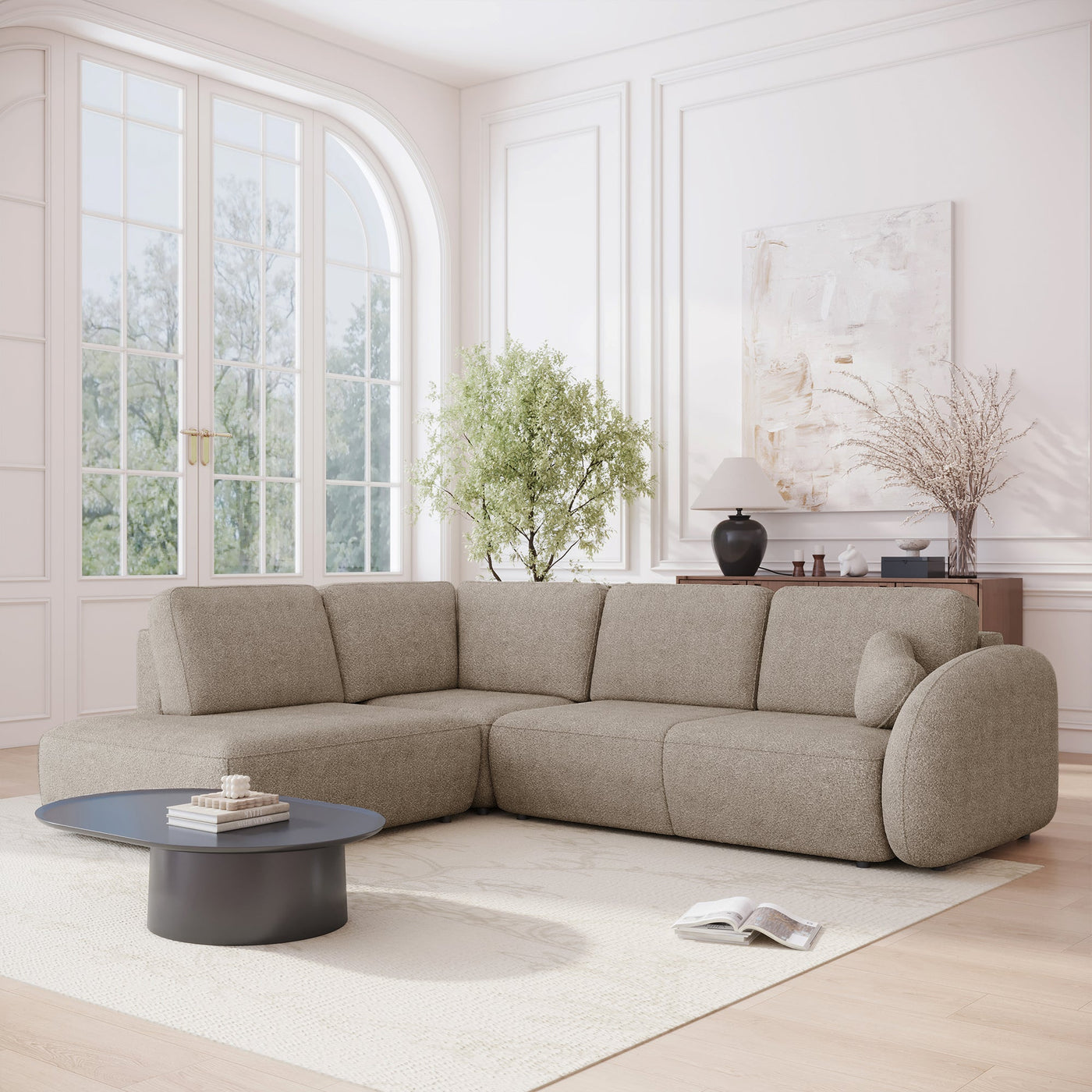 DJENA Canapé d'angle convertible avec coffre en tissu bouclette taupe - Angle gauche - Canapé d'angle convertible - Mobilier Deco