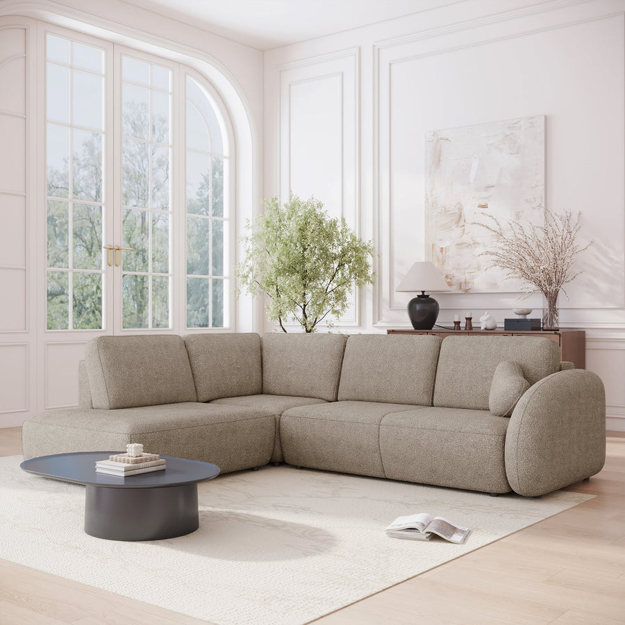 DJENA Canapé d'angle convertible avec coffre en tissu bouclette taupe - Angle gauche — aperçu vidéo