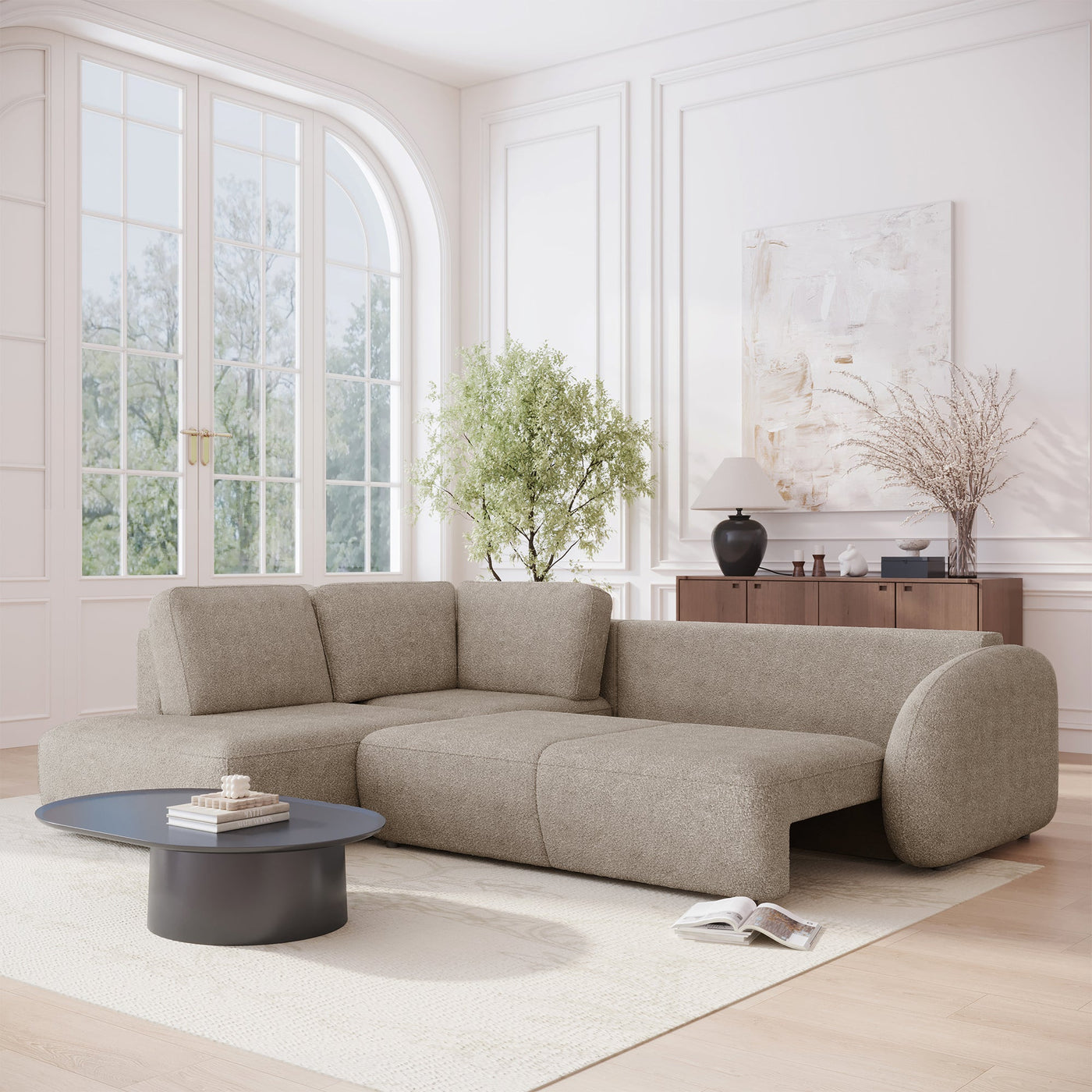 DJENA Canapé d'angle convertible avec coffre en tissu bouclette taupe - Angle gauche - Canapé d'angle convertible - Mobilier Deco
