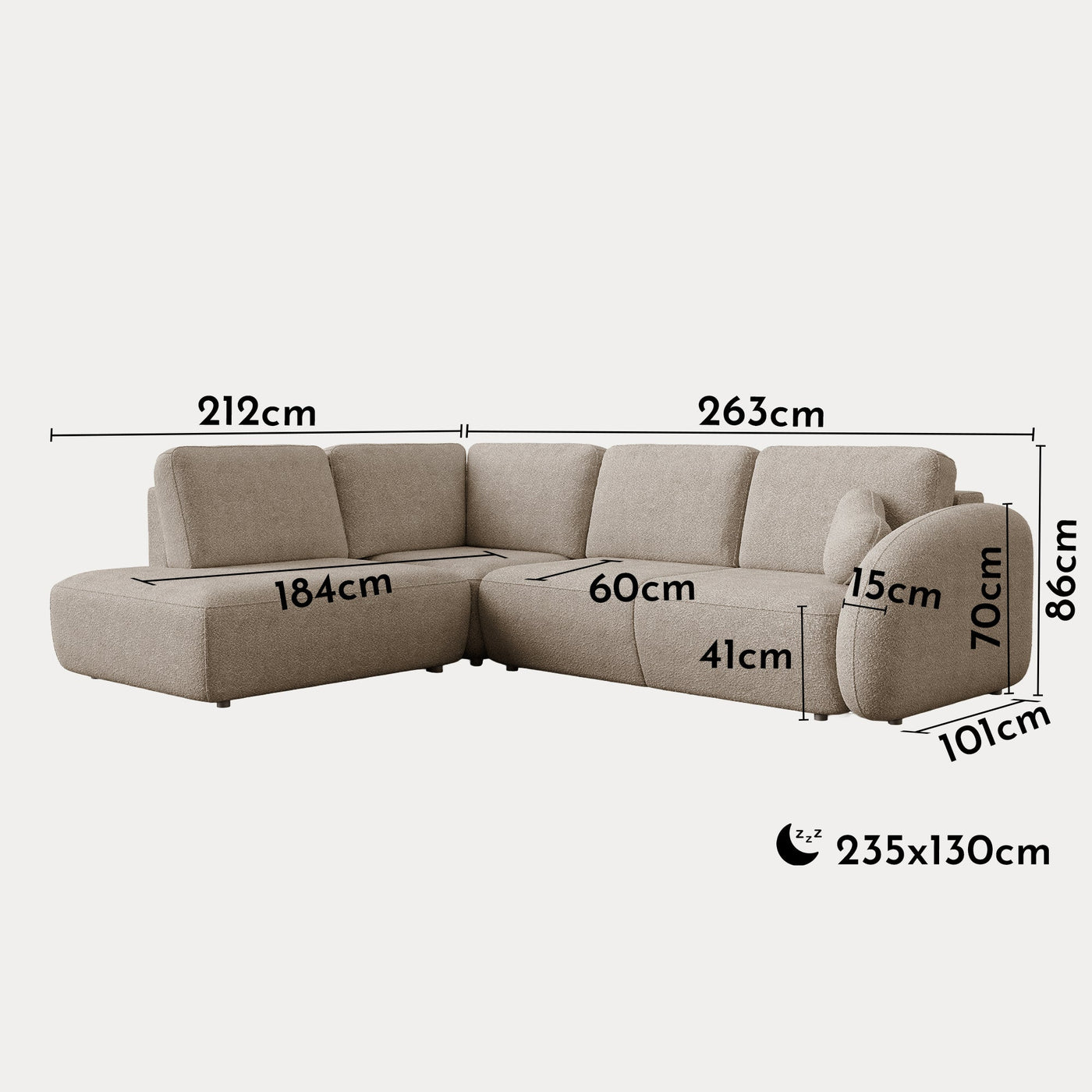 DJENA Canapé d'angle convertible avec coffre en tissu bouclette taupe - Angle gauche - Canapé d'angle convertible - Mobilier Deco