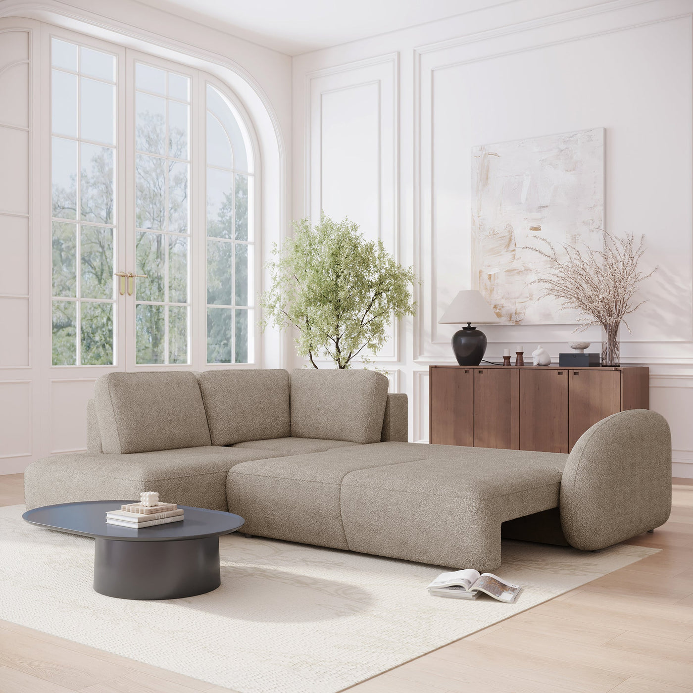 DJENA Canapé d'angle convertible avec coffre en tissu bouclette taupe - Angle gauche - Canapé d'angle convertible - Mobilier Deco
