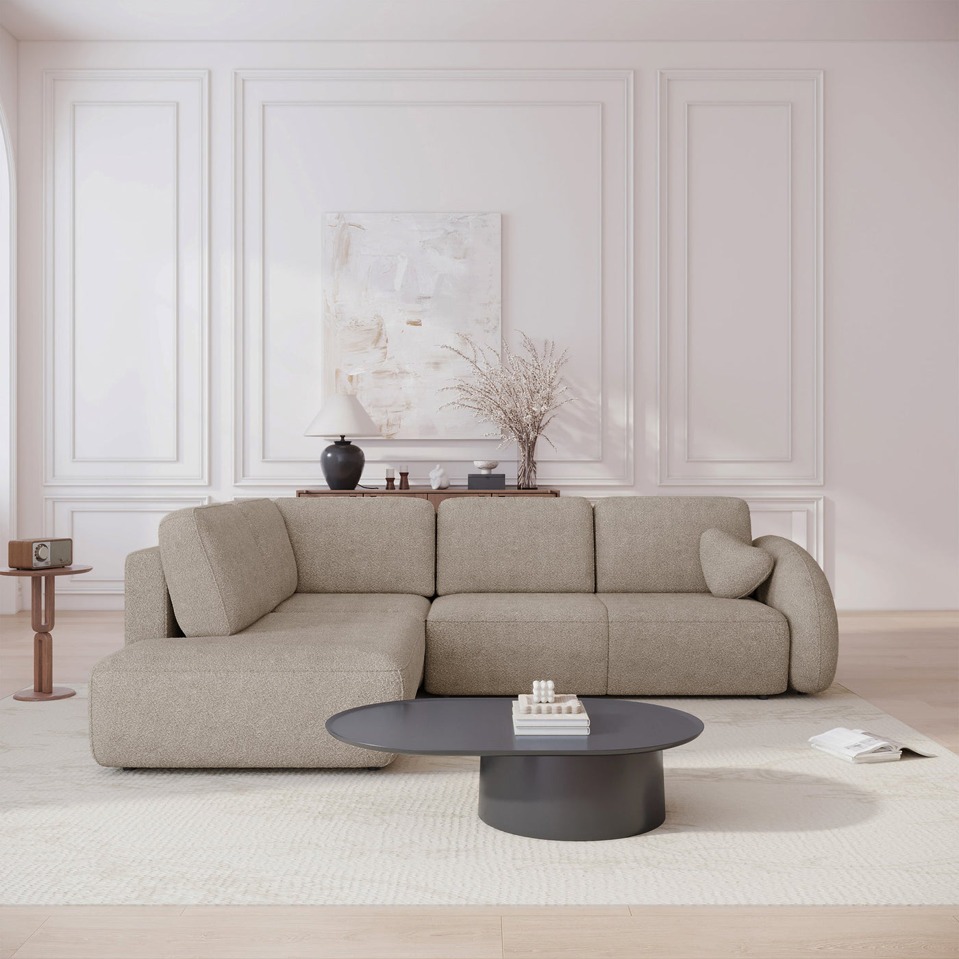 DJENA Canapé d'angle convertible avec coffre en tissu bouclette taupe - Angle gauche - Canapé d'angle convertible - Mobilier Deco