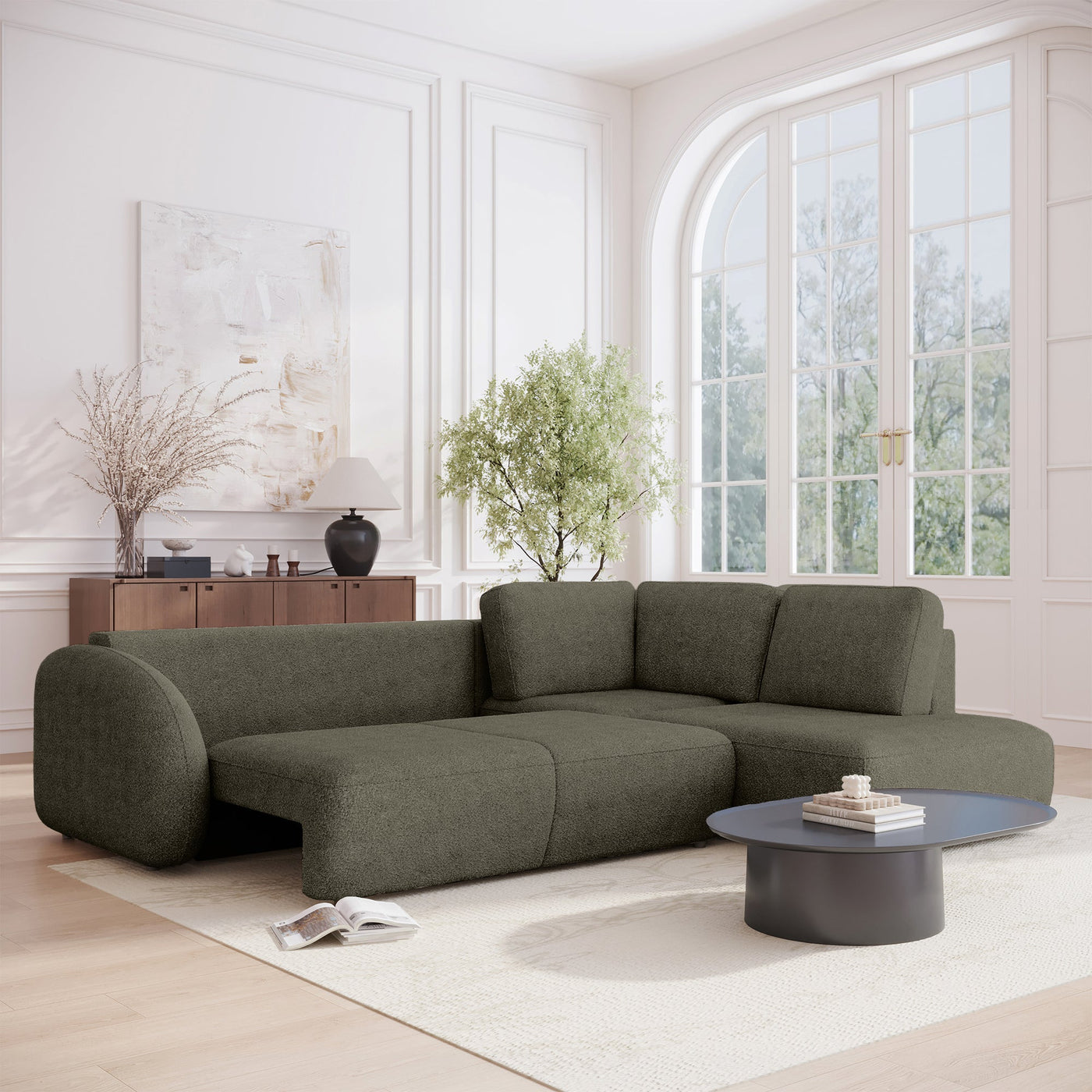 DJENA Canapé d'angle convertible avec coffre en tissu bouclette vert - Angle droit - Canapé d'angle convertible