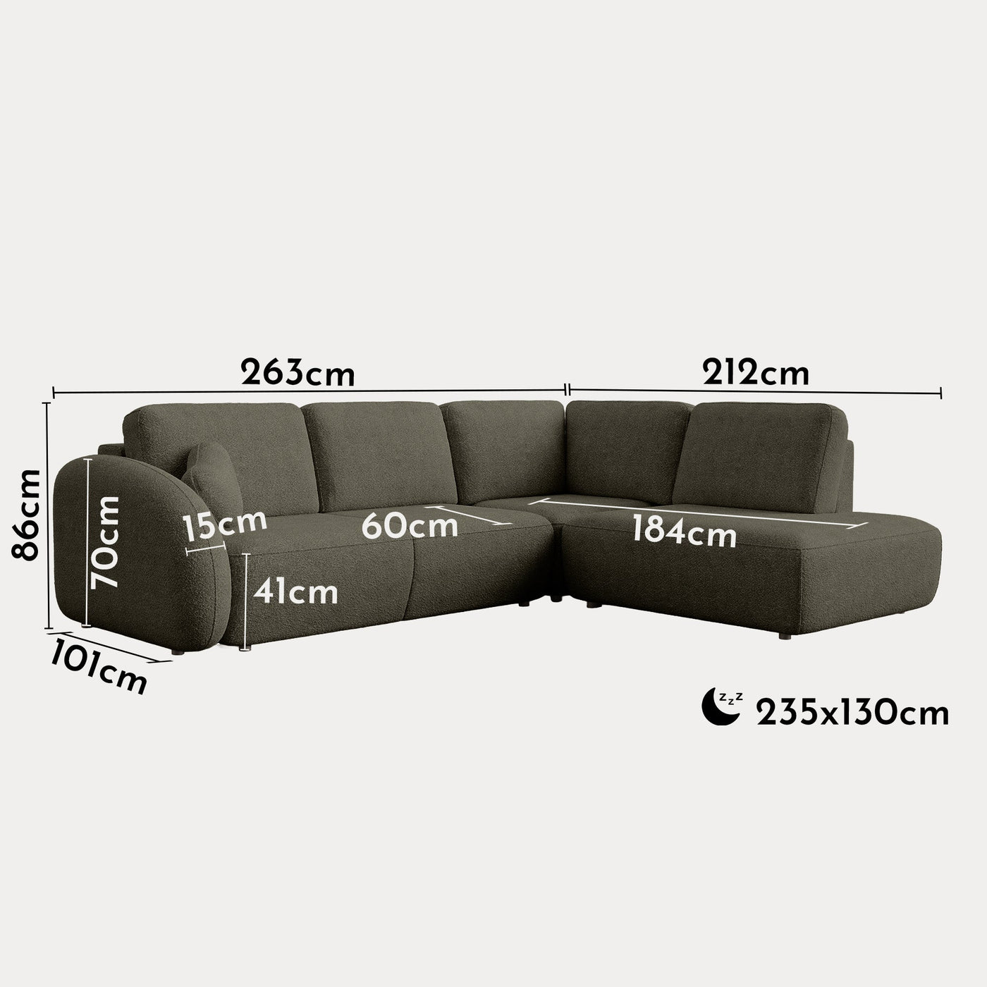 DJENA Canapé d'angle convertible avec coffre en tissu bouclette vert - Angle droit - Canapé d'angle convertible