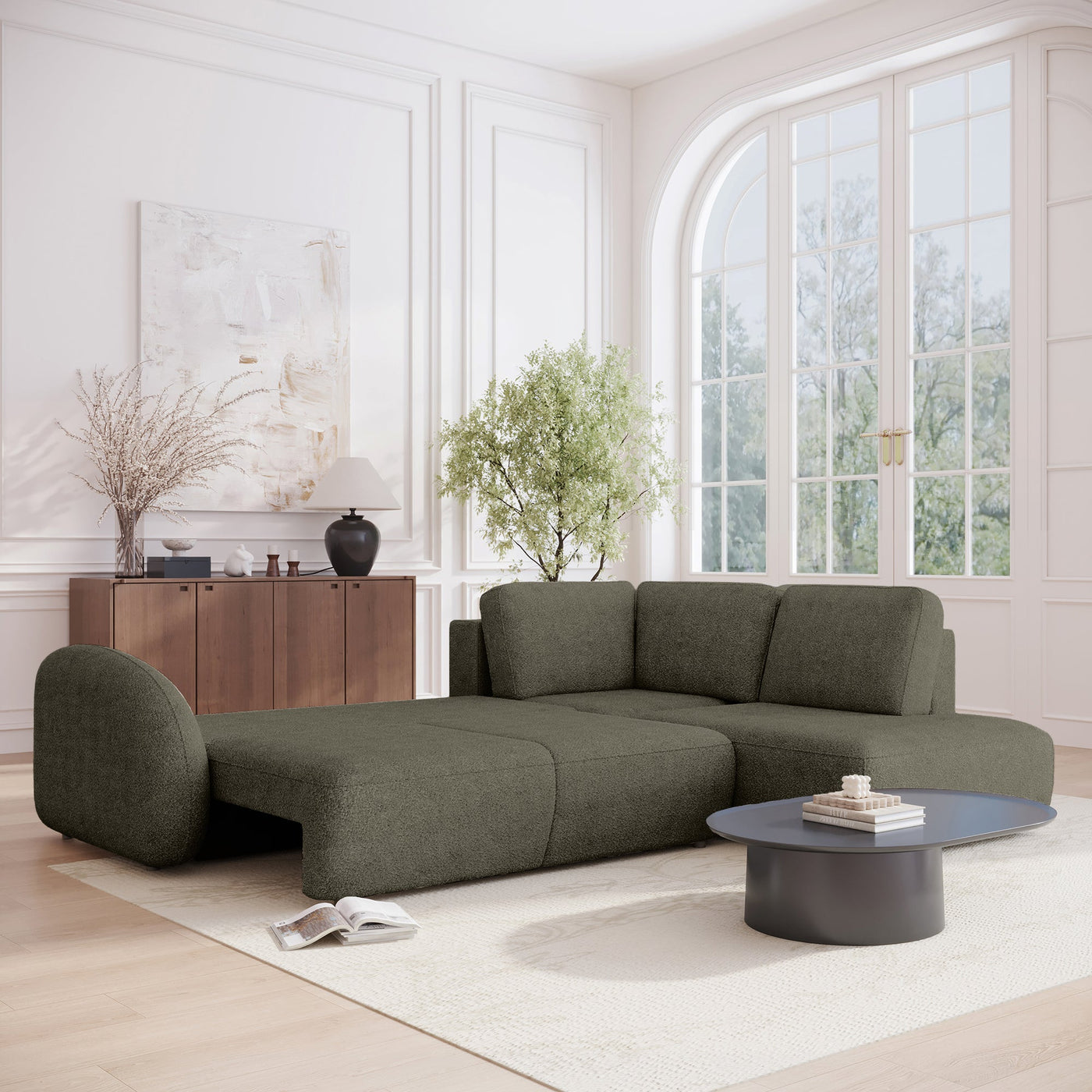 DJENA Canapé d'angle convertible avec coffre en tissu bouclette vert - Angle droit - Canapé d'angle convertible