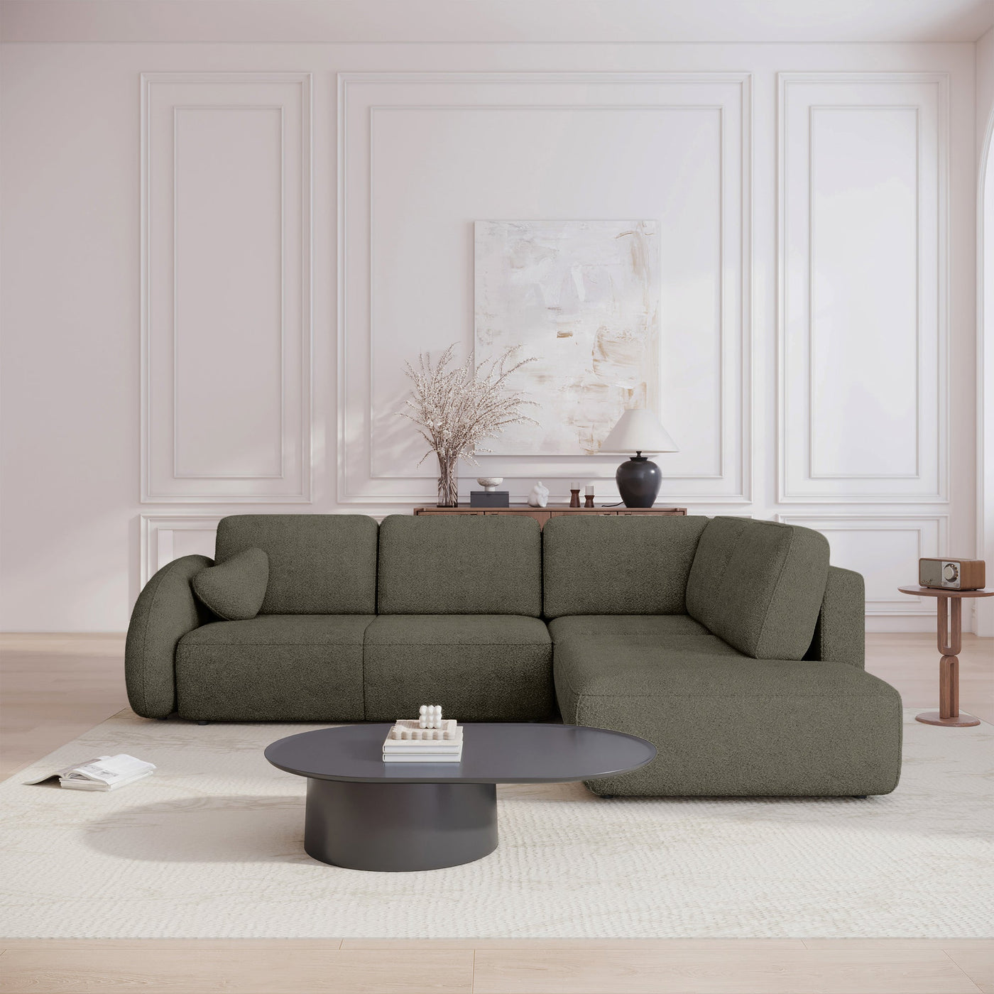 DJENA Canapé d'angle convertible avec coffre en tissu bouclette vert - Angle droit - Canapé d'angle convertible