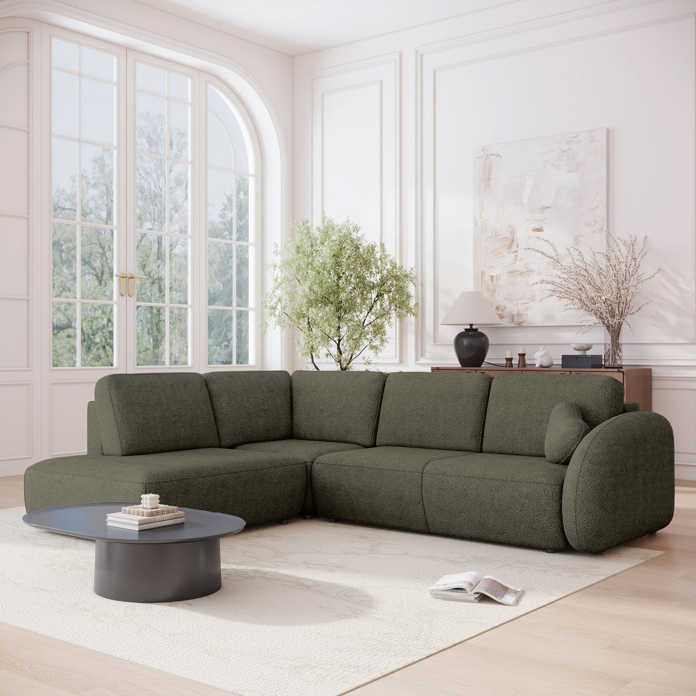 DJENA Canapé d'angle convertible avec coffre en tissu bouclette vert - Angle gauche - Canapé d'angle convertible