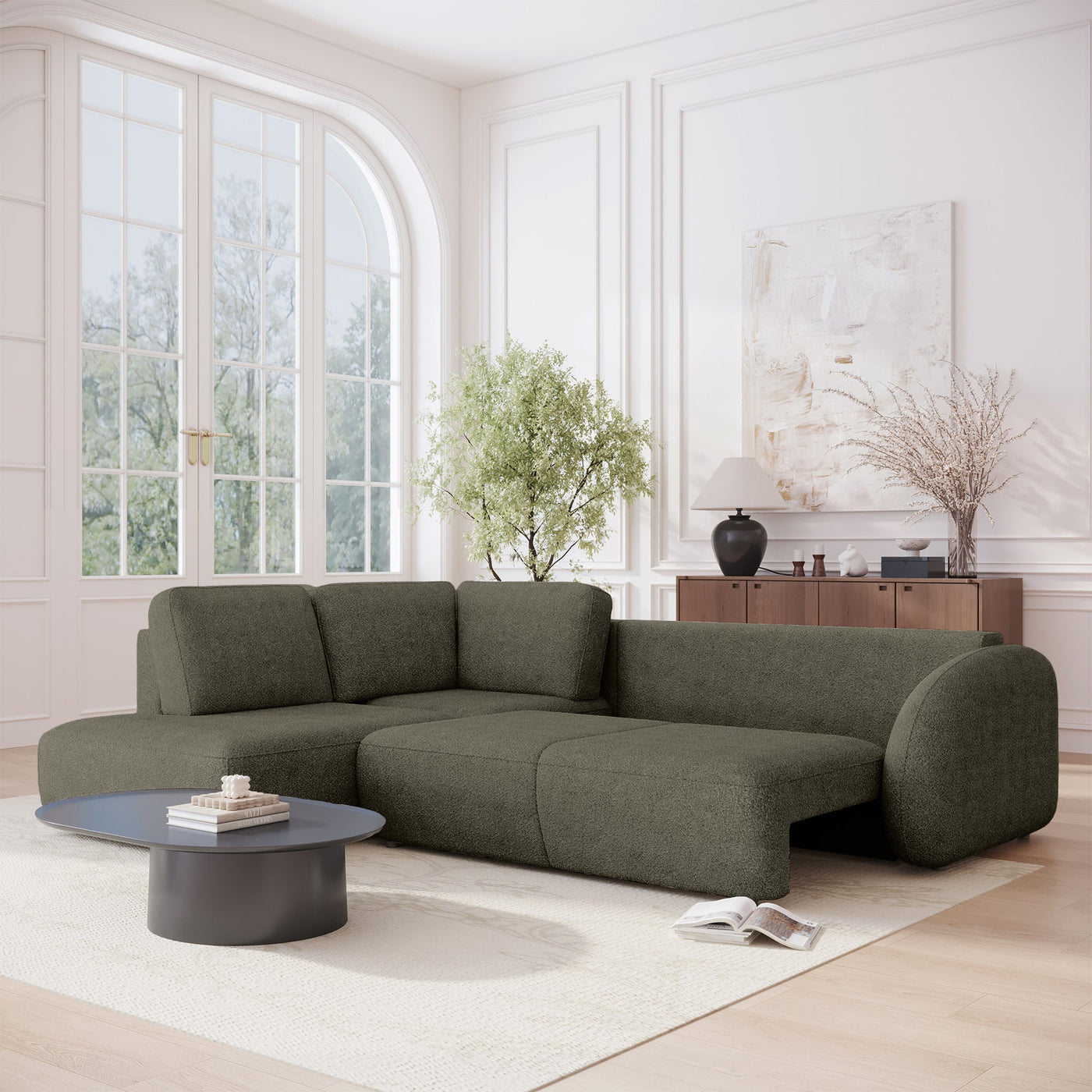 DJENA Canapé d'angle convertible avec coffre en tissu bouclette vert - Angle gauche - Canapé d'angle convertible