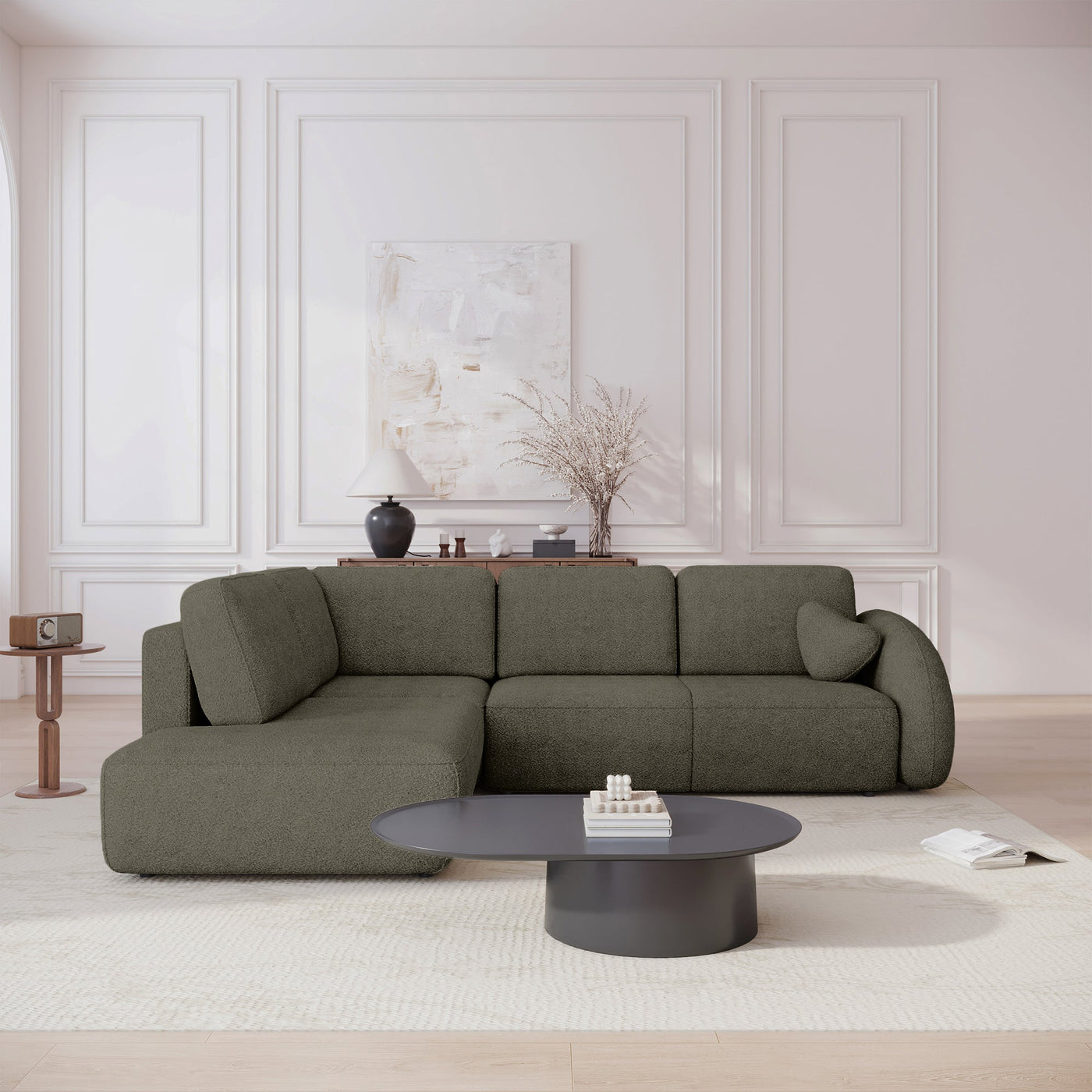 DJENA Canapé d'angle convertible avec coffre en tissu bouclette vert - Angle gauche - Canapé d'angle convertible