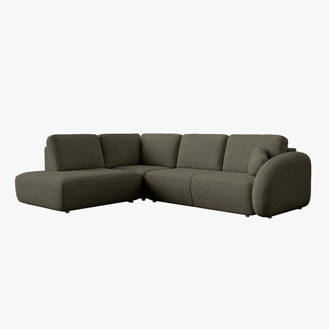 DJENA Canapé d'angle convertible avec coffre en tissu bouclette vert - Angle gauche - Canapé d'angle convertible