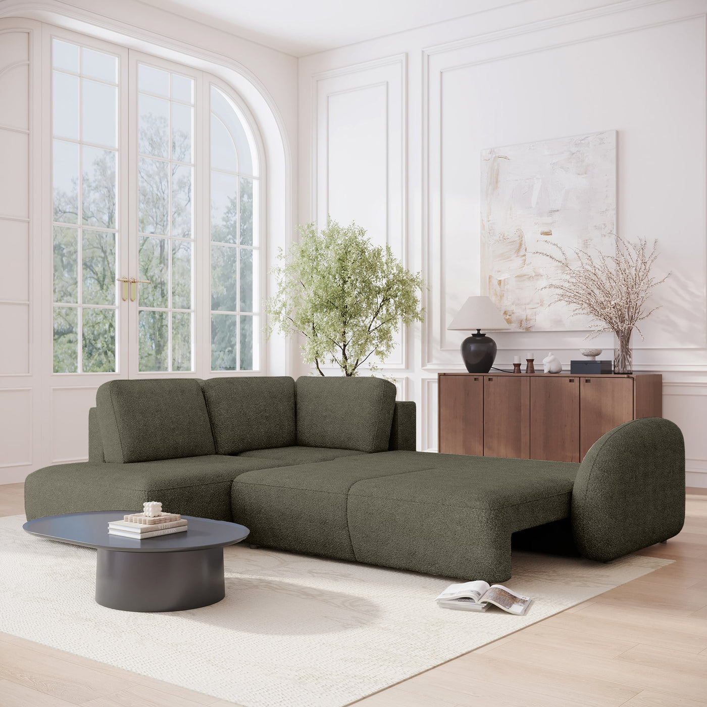 DJENA Canapé d'angle convertible avec coffre en tissu bouclette vert - Angle gauche - Canapé d'angle convertible