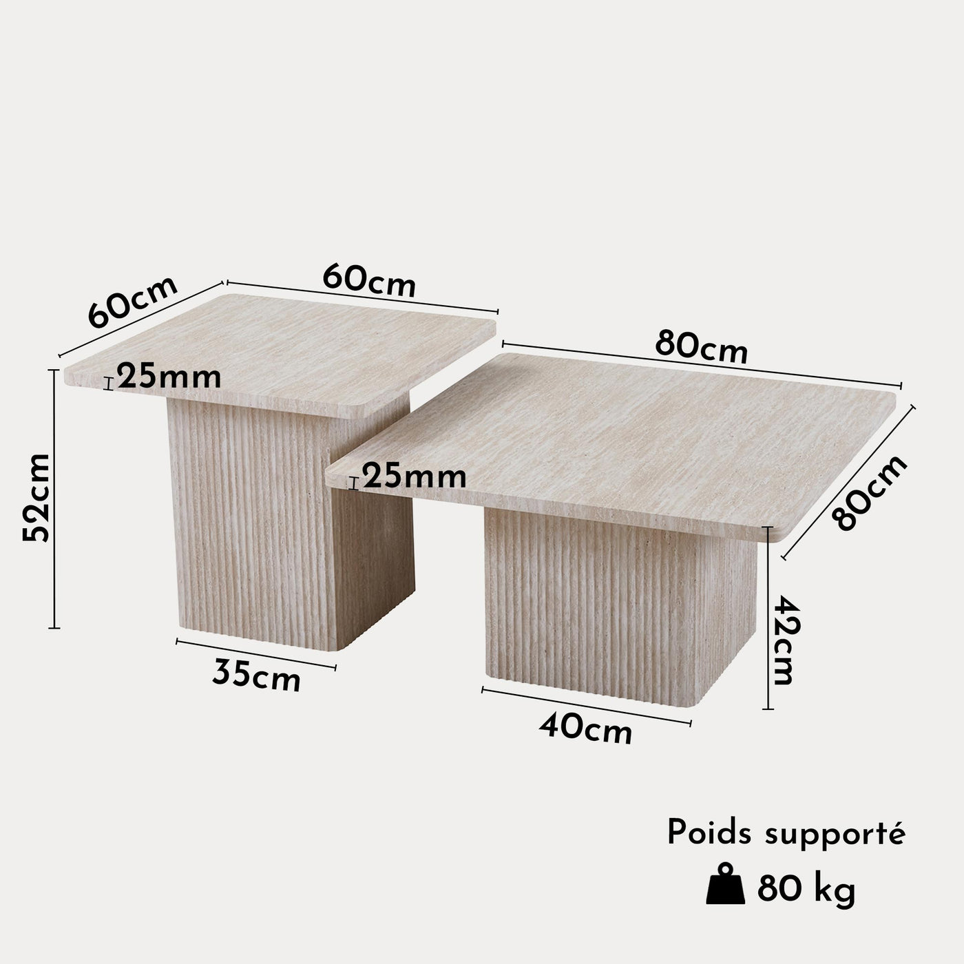DOLSA Lot de 2 tables basses carrées couleur travertin - Table basse - Mobilier Deco