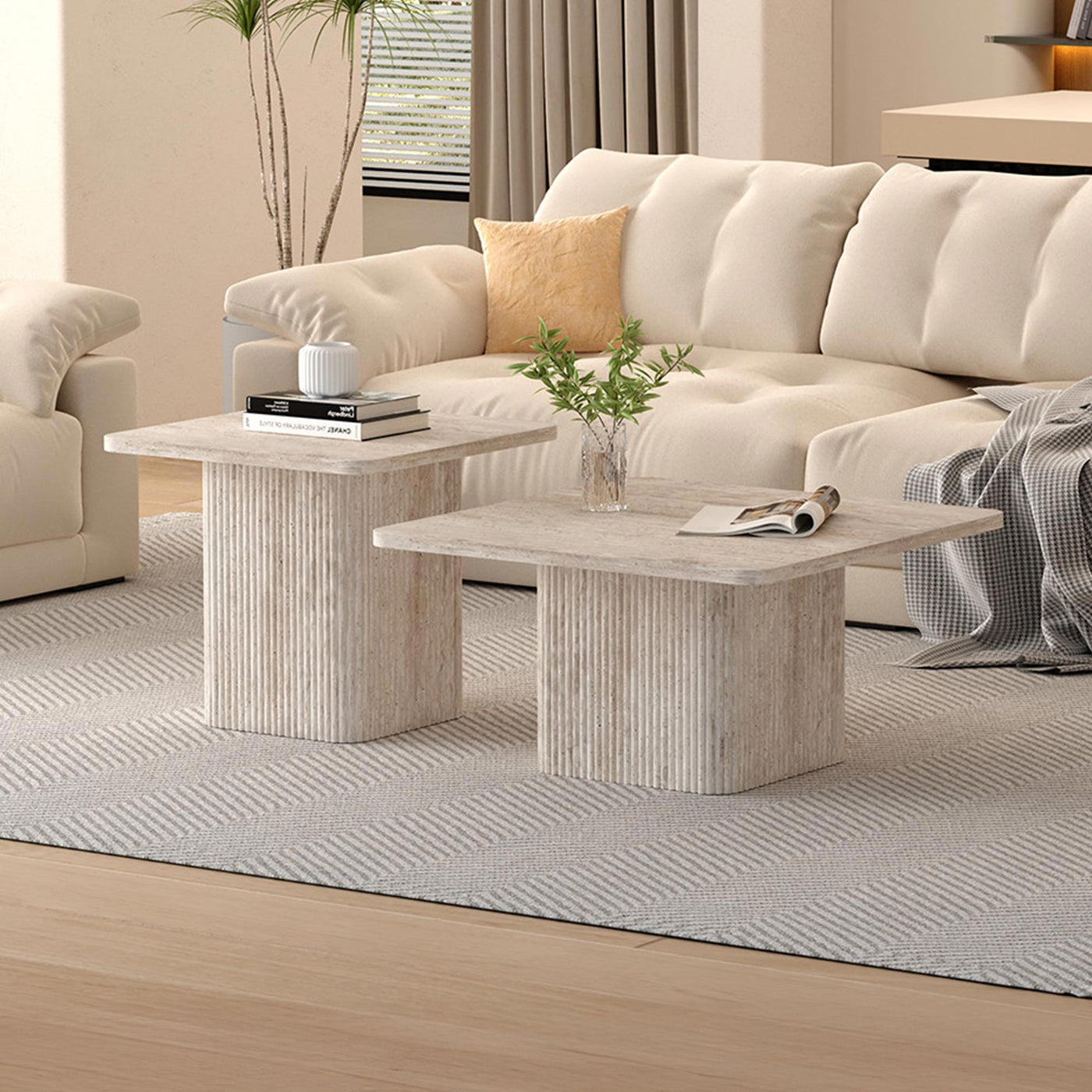 DOLSA Lot de 2 tables basses carrées couleur travertin - Table basse - Mobilier Deco