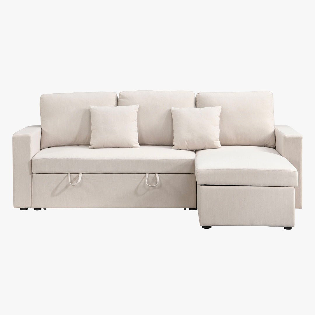 DORIA Canapé d'angle convertible et réversible avec coffre en tissu beige - Canapé d'angle convertible - Mobilier Deco