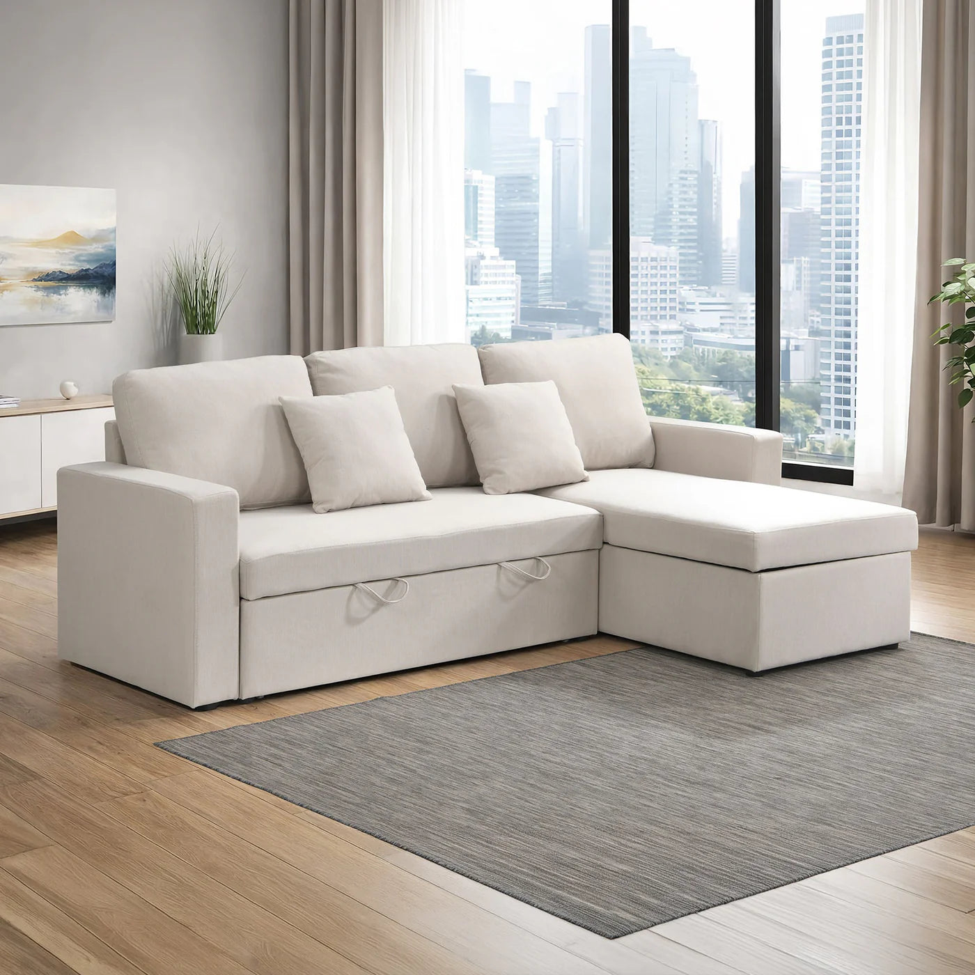 DORIA - Canapés d'angle convertibles réversibles avec coffre en tissu