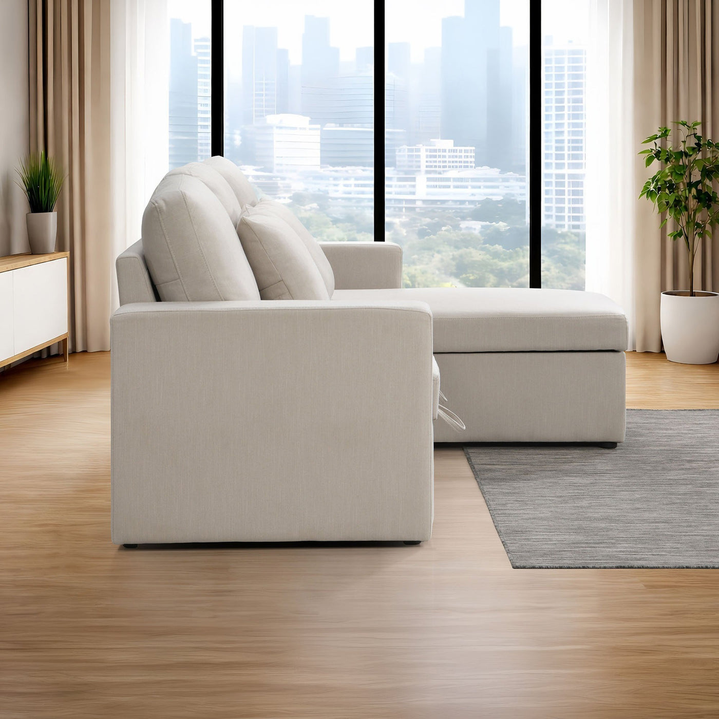 DORIA Canapé d'angle convertible et réversible avec coffre en tissu beige - Canapé d'angle convertible - Mobilier Deco