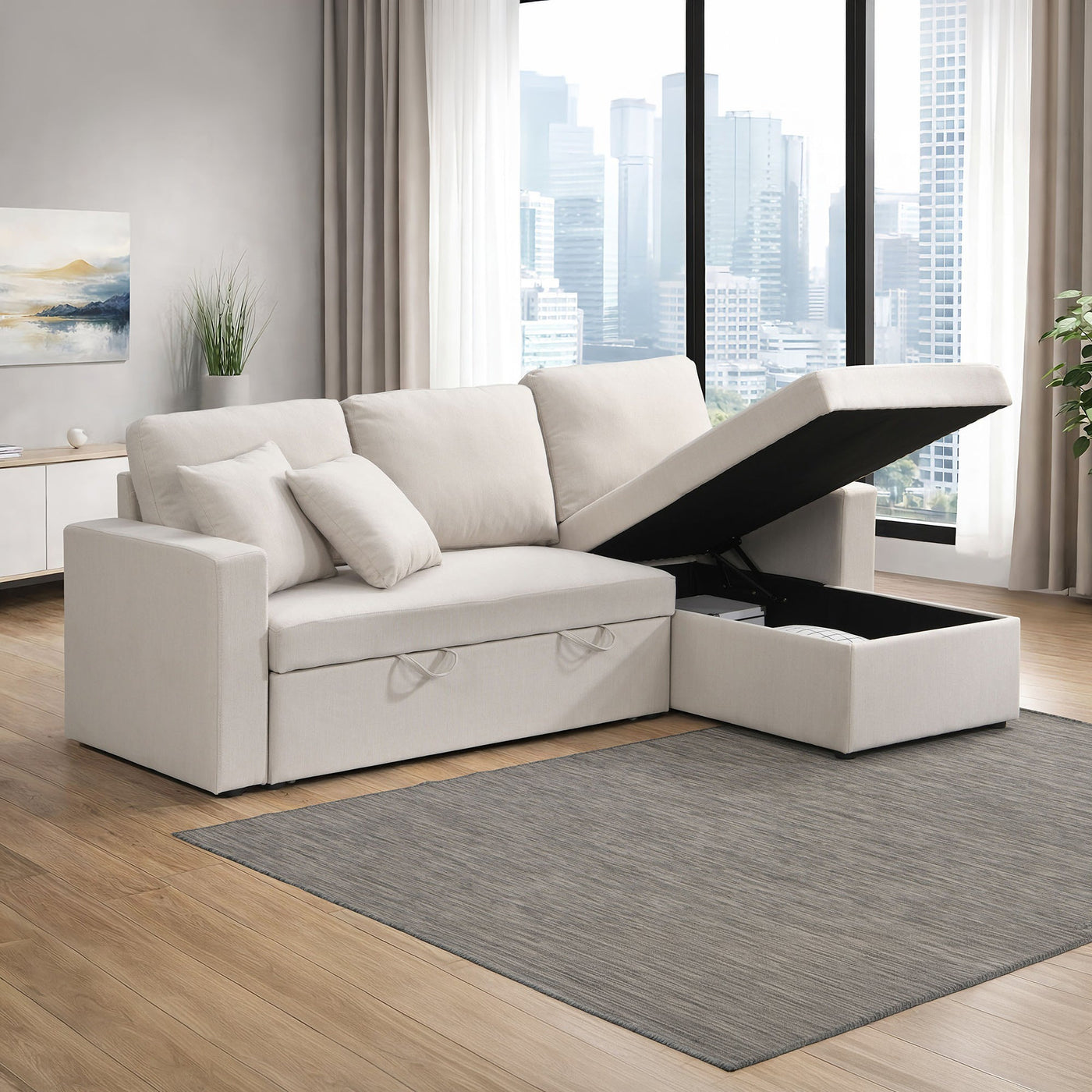 DORIA Canapé d'angle convertible et réversible avec coffre en tissu beige - Canapé d'angle convertible - Mobilier Deco