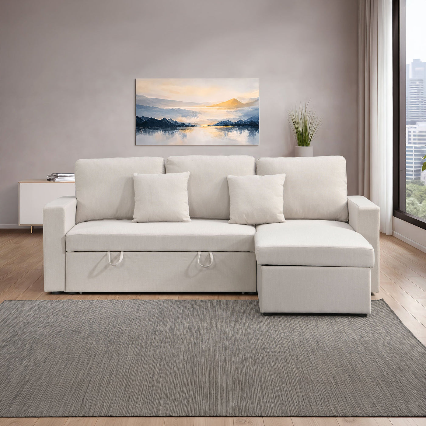DORIA Canapé d'angle convertible et réversible avec coffre en tissu beige - Canapé d'angle convertible - Mobilier Deco
