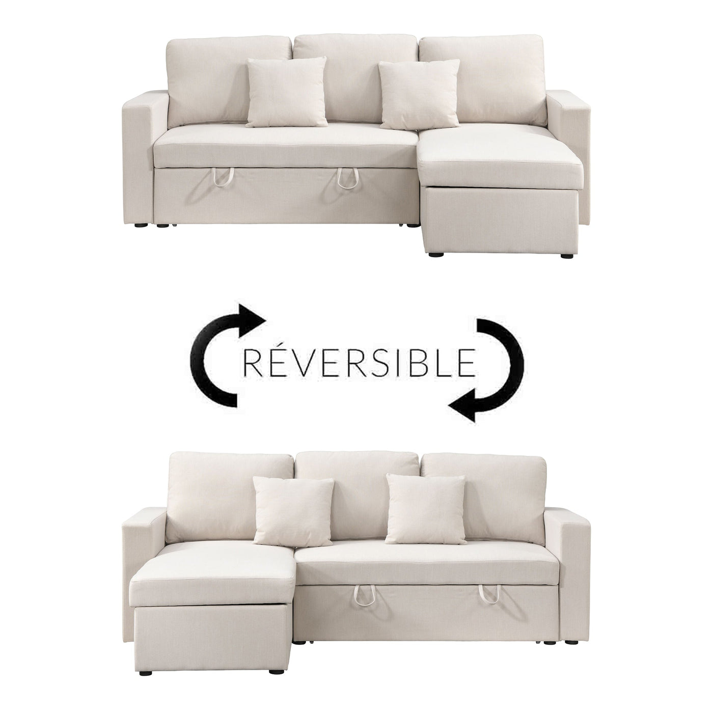 DORIA Canapé d'angle convertible et réversible avec coffre en tissu beige - Canapé d'angle convertible - Mobilier Deco