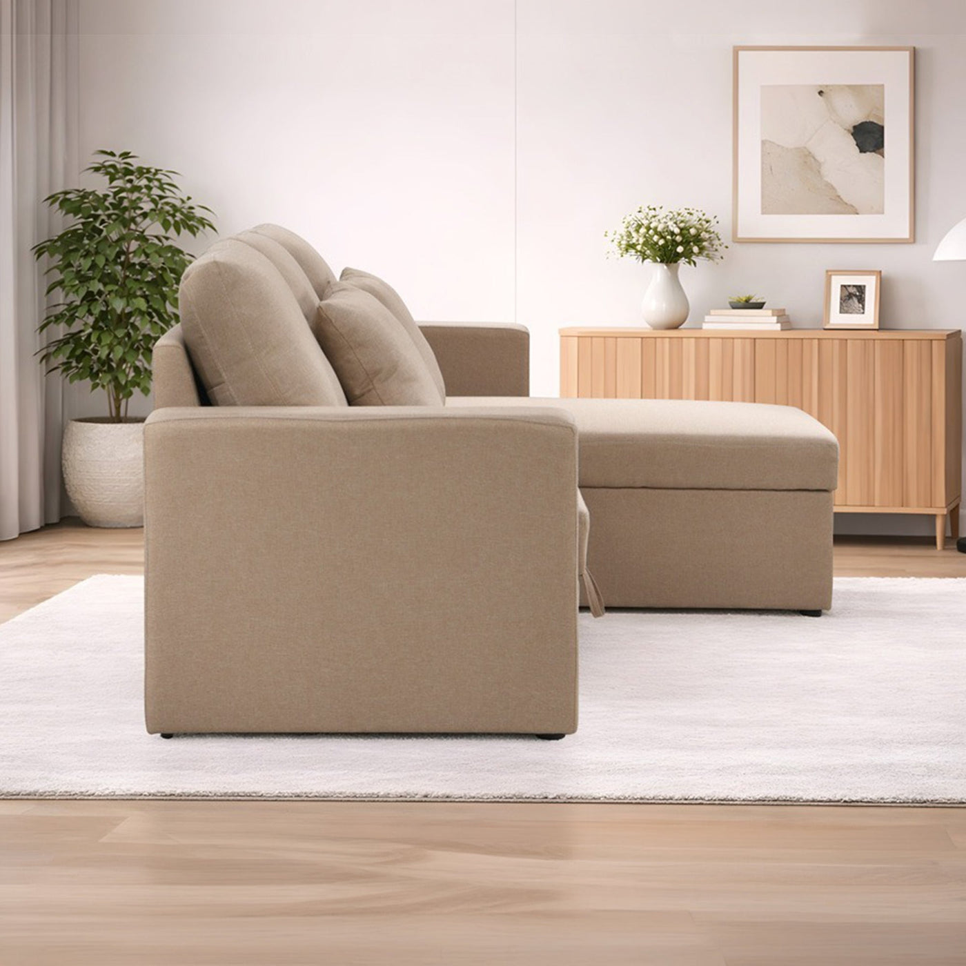 DORIA Canapé d'angle convertible et réversible avec coffre en tissu taupe - Canapé d'angle convertible - Mobilier Deco