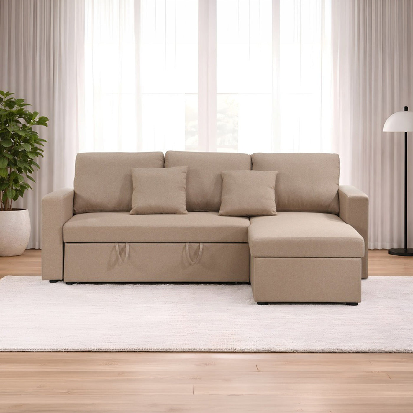 DORIA Canapé d'angle convertible et réversible avec coffre en tissu taupe - Canapé d'angle convertible - Mobilier Deco