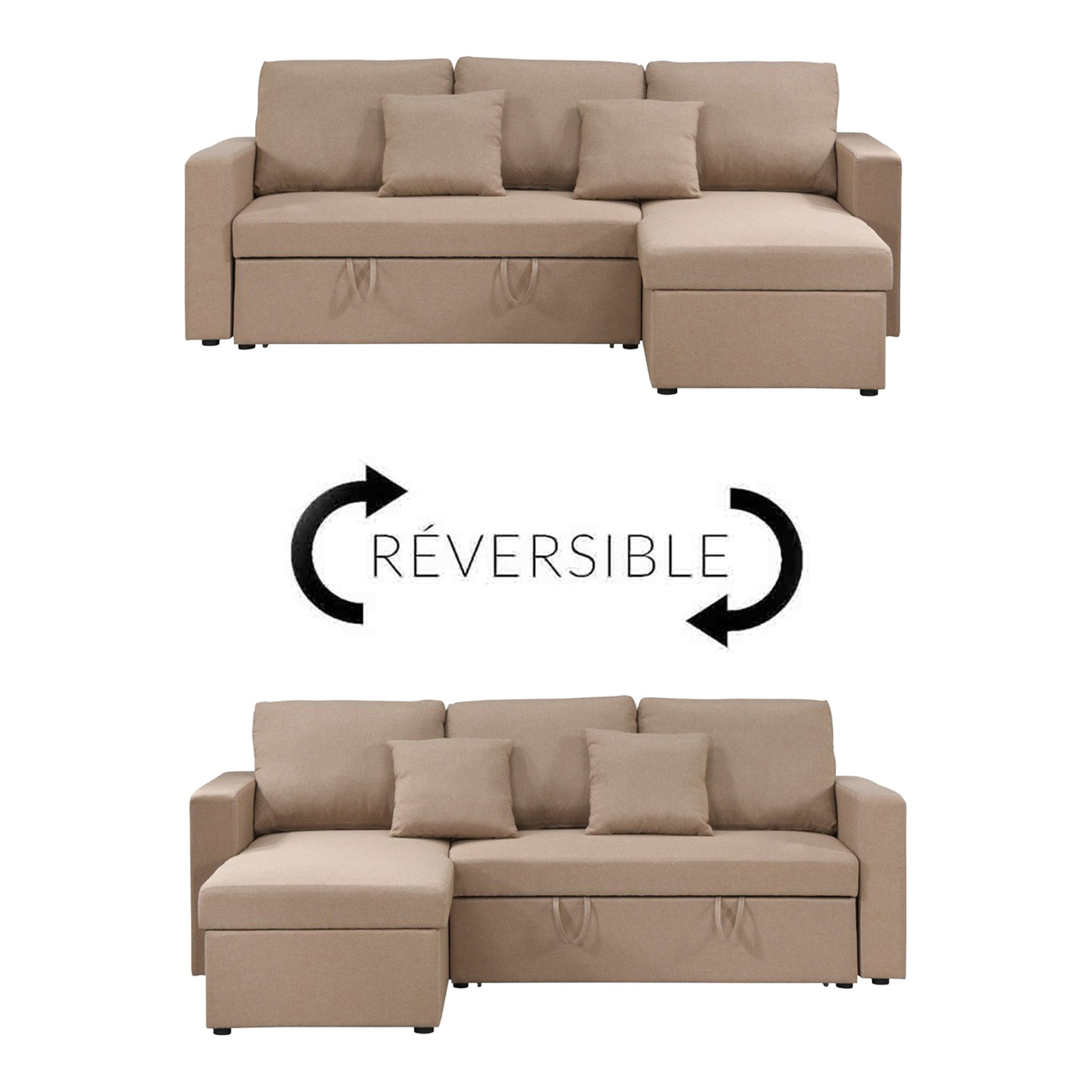 DORIA Canapé d'angle convertible et réversible avec coffre en tissu taupe - Canapé d'angle convertible - Mobilier Deco