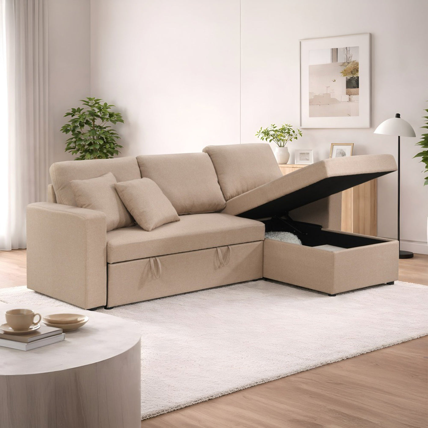 DORIA Canapé d'angle convertible et réversible avec coffre en tissu taupe - Canapé d'angle convertible - Mobilier Deco