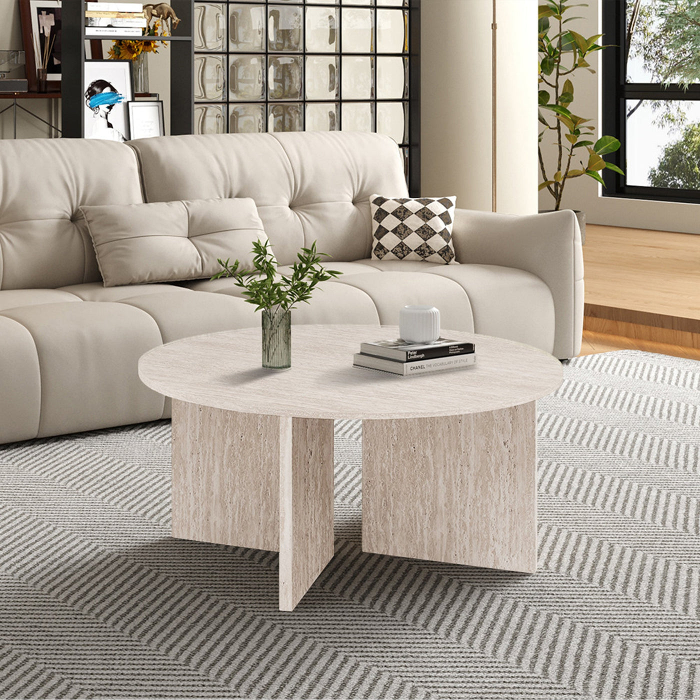 DRASIR Table basse ronde couleur travertin beige D90 cm - Table basse - Mobilier Deco