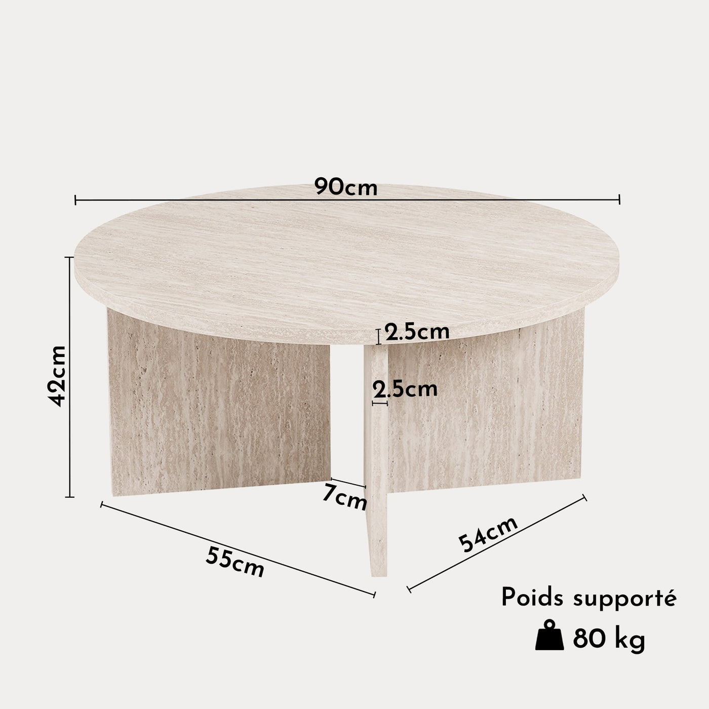 DRASIR Table basse ronde couleur travertin beige D90 cm - Table basse - Mobilier Deco