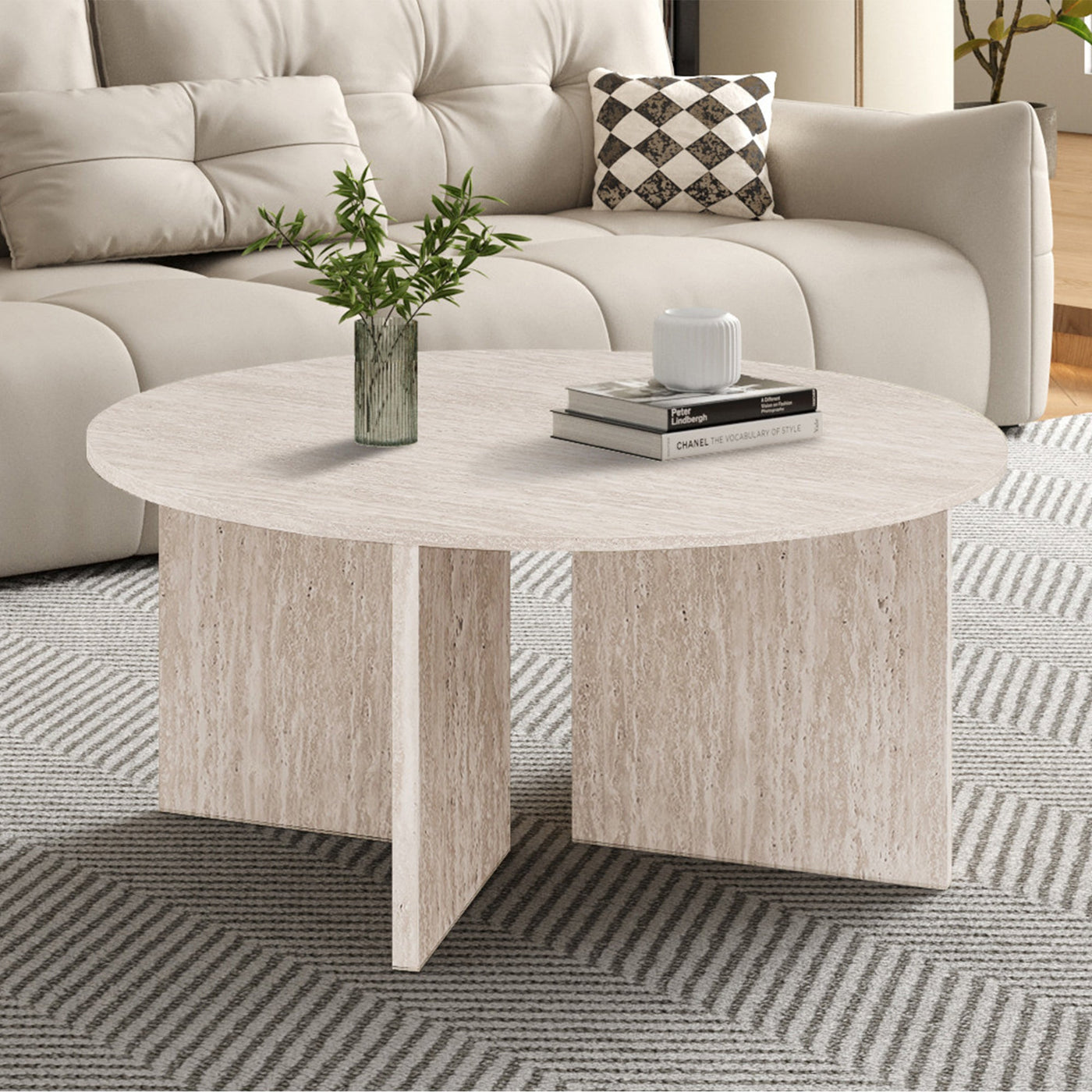 DRASIR Table basse ronde couleur travertin beige D90 cm - Table basse - Mobilier Deco