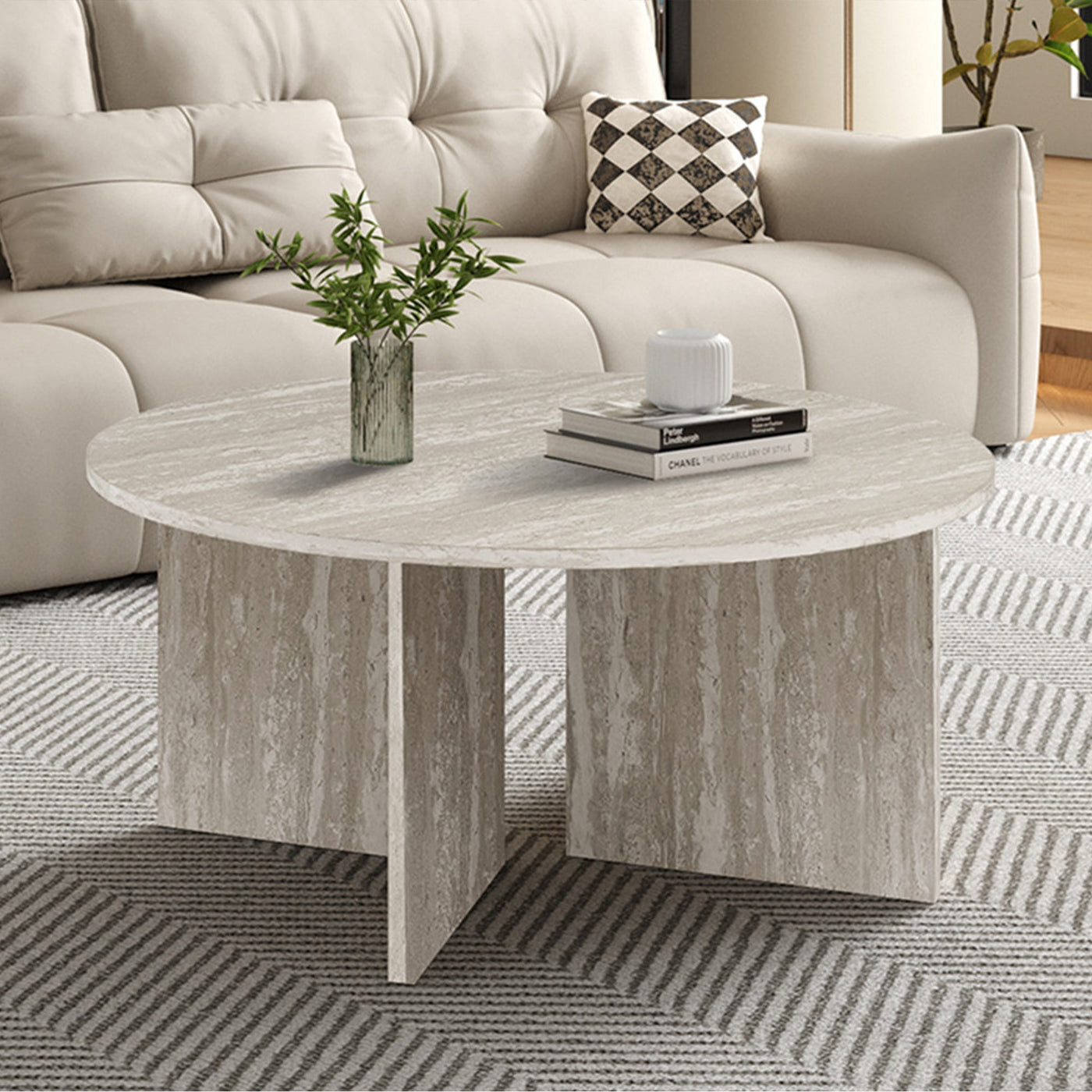 DRASIR Table basse ronde couleur travertin gris D90 cm - Table basse - Mobilier Deco