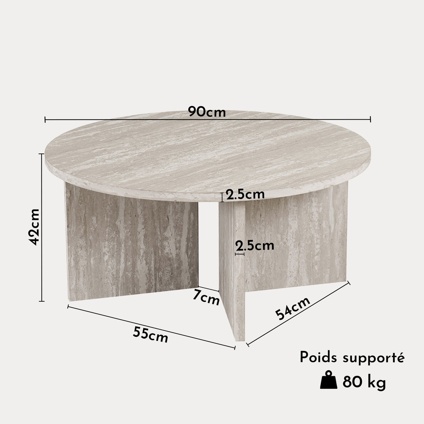 DRASIR Table basse ronde couleur travertin gris D90 cm - Table basse - Mobilier Deco