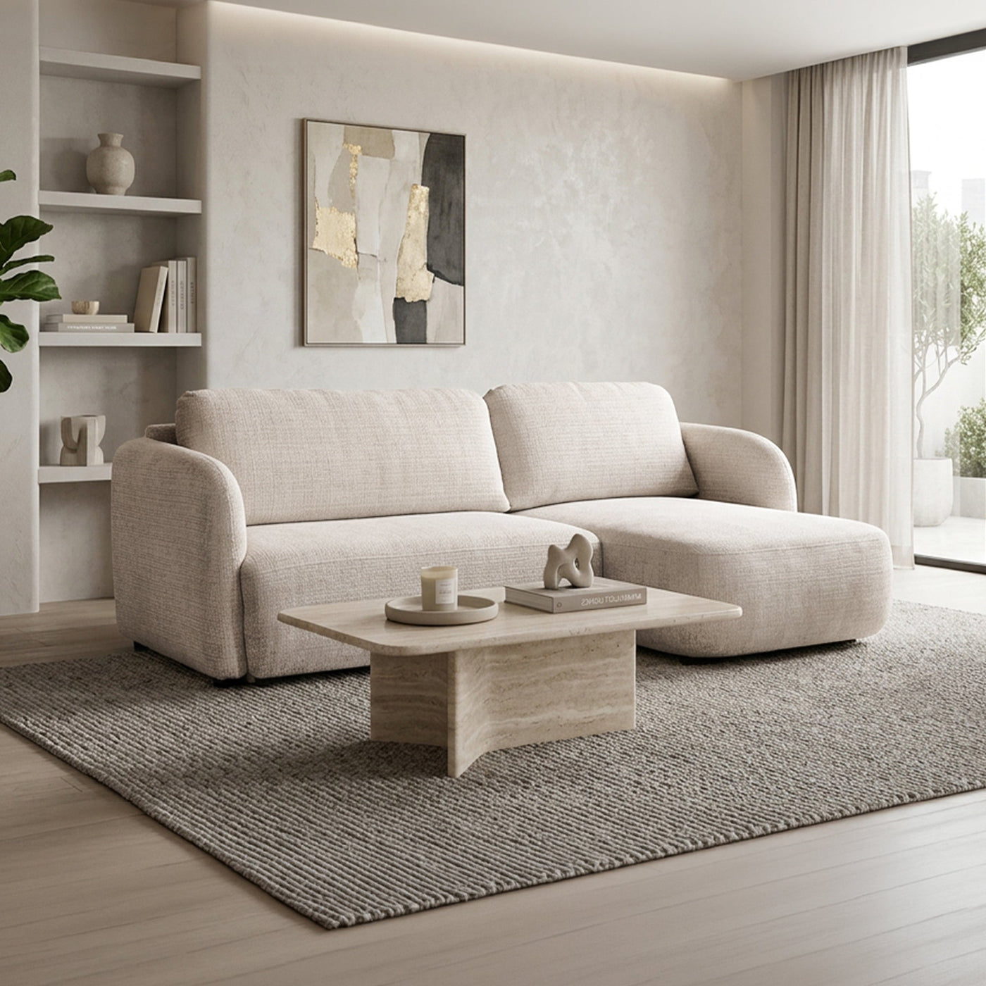 DRIXY Canapé d'angle convertible avec coffre en tissu beige - Angle droit - Canapé d'angle convertible - Mobilier Deco
