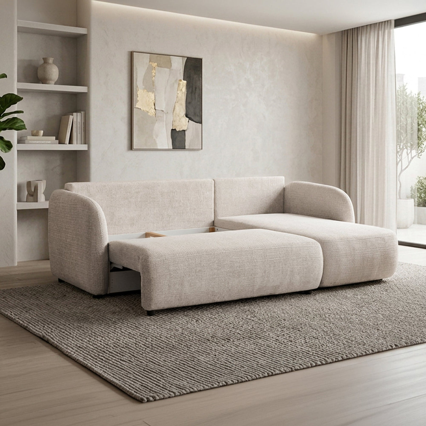 DRIXY Canapé d'angle convertible avec coffre en tissu beige - Angle droit - Canapé d'angle convertible - Mobilier Deco