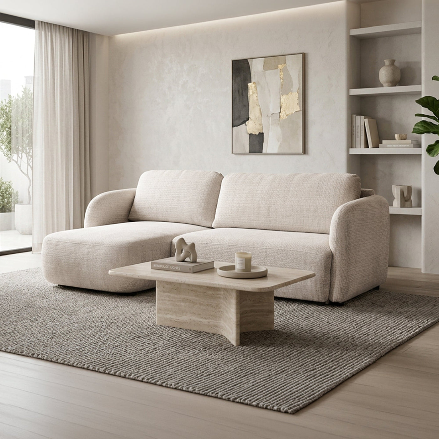 DRIXY Canapé d'angle convertible avec coffre en tissu beige - Angle gauche - Canapé d'angle convertible - Mobilier Deco