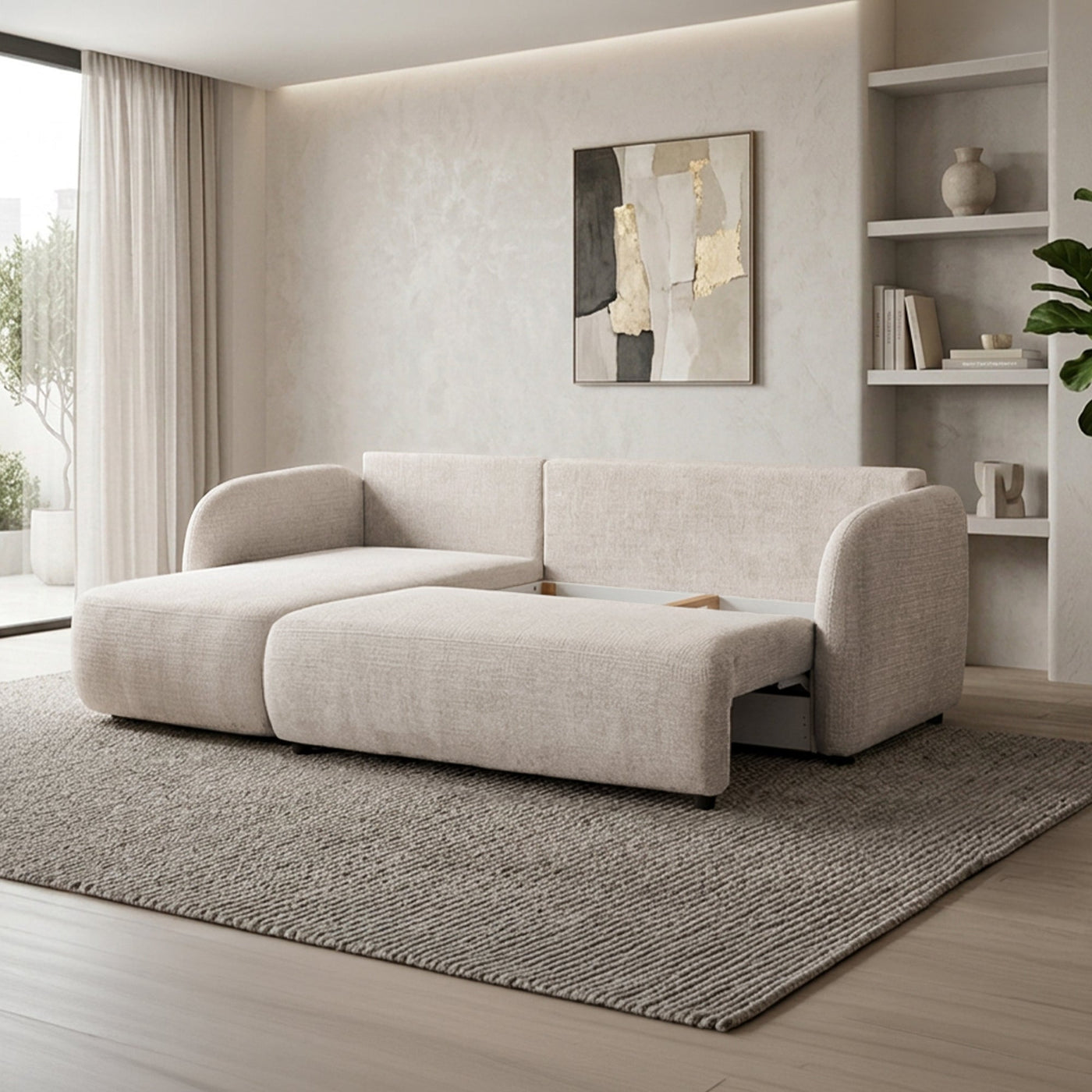 DRIXY Canapé d'angle convertible avec coffre en tissu beige - Angle gauche - Canapé d'angle convertible - Mobilier Deco