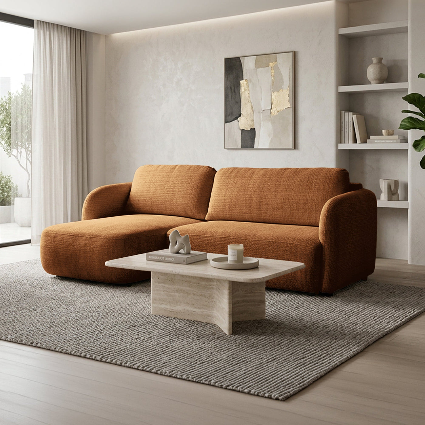 DRIXY Canapé d'angle convertible avec coffre en tissu orange - Angle gauche - Canapé d'angle convertible - Mobilier Deco