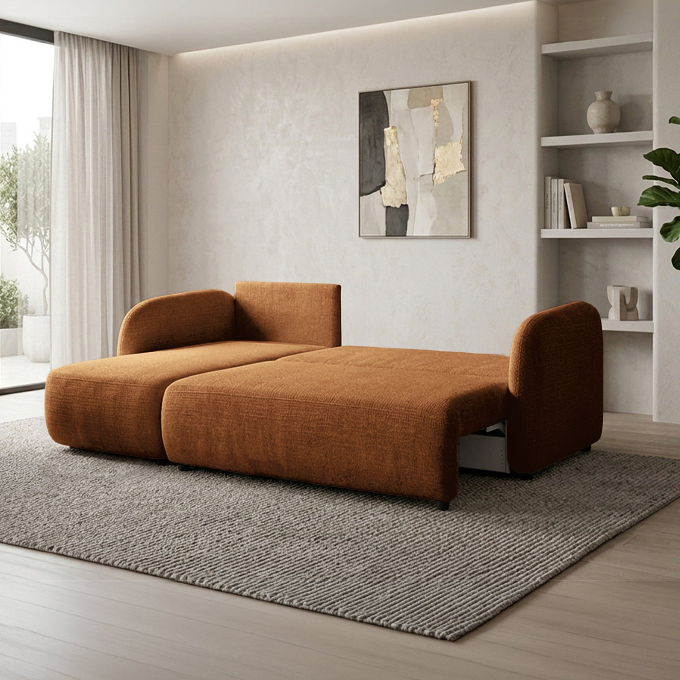 DRIXY Canapé d'angle convertible avec coffre en tissu orange - Angle gauche - Canapé d'angle convertible - Mobilier Deco