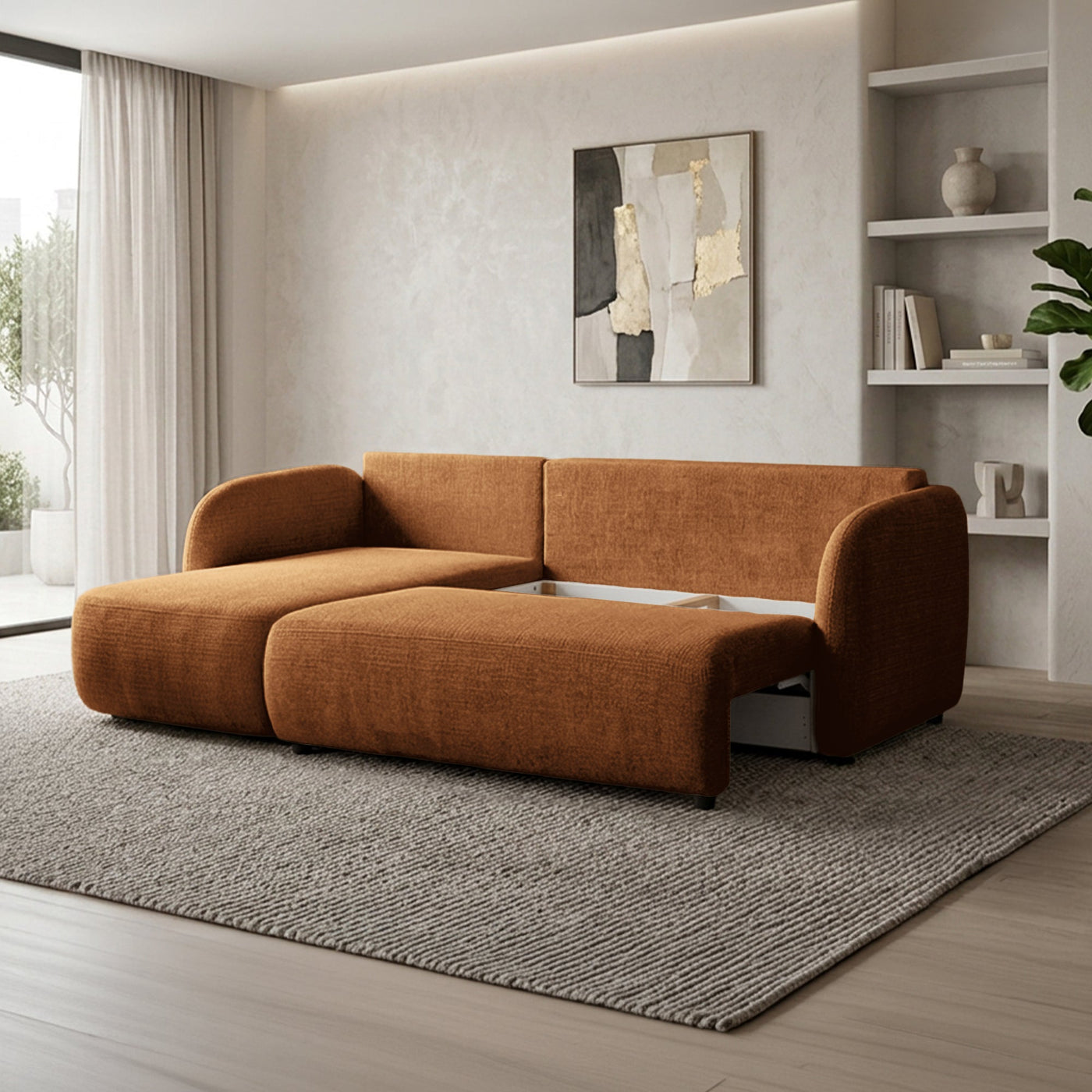 DRIXY Canapé d'angle convertible avec coffre en tissu orange - Angle gauche - Canapé d'angle convertible - Mobilier Deco